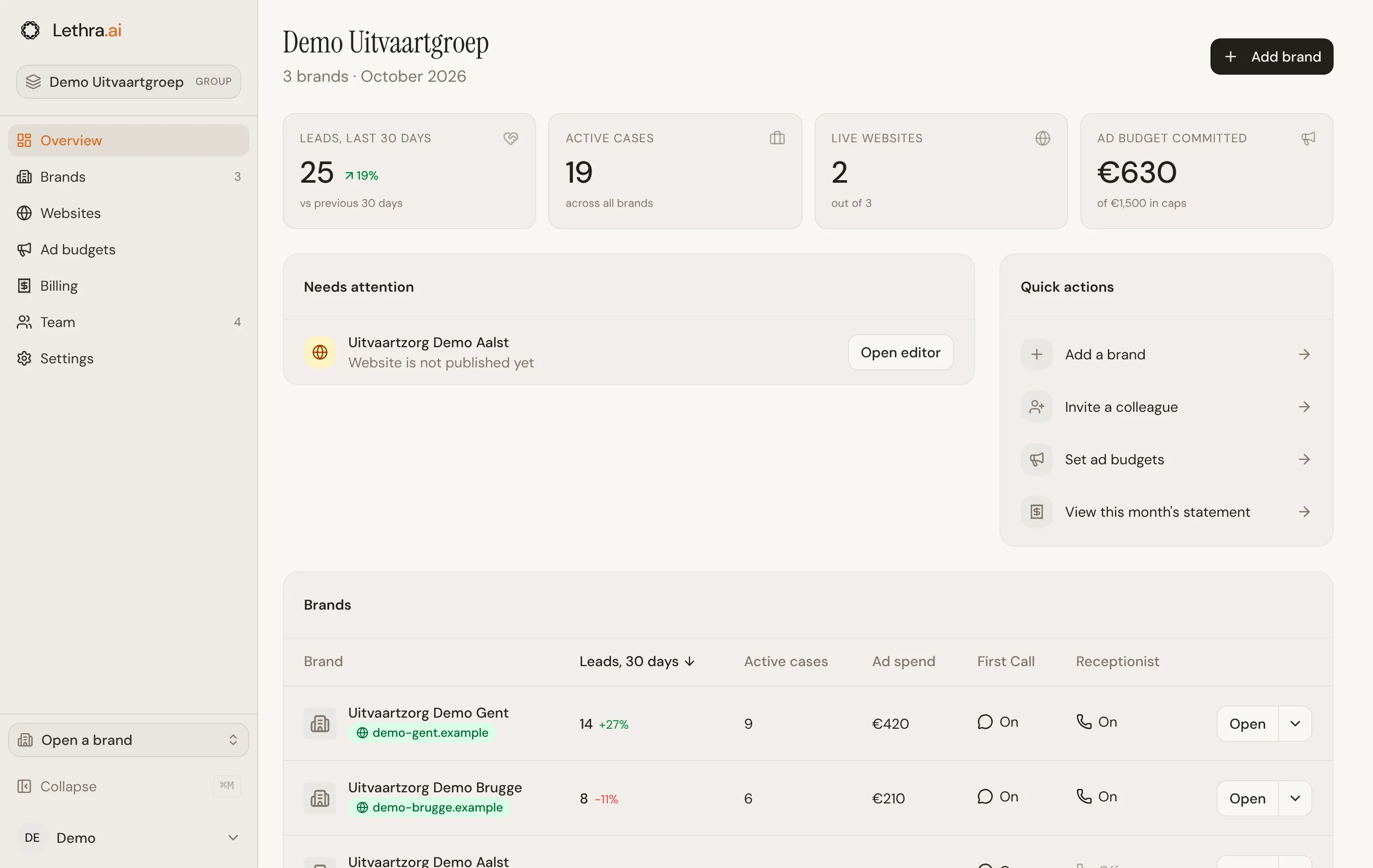 The group overview: leads, active cases, live websites and ad budget across three brands, a Needs attention list, quick actions and the brands table.