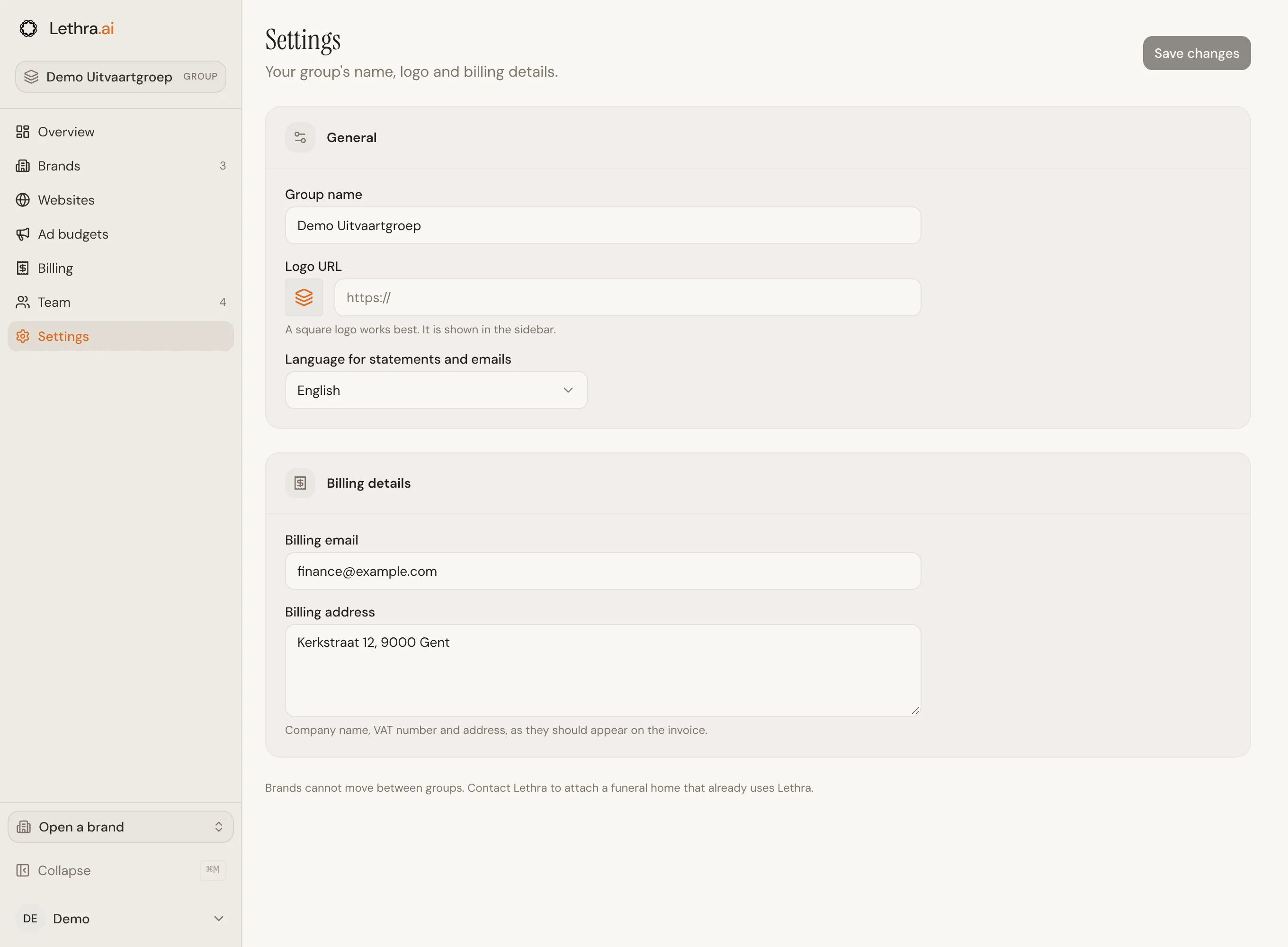 The group Settings page: group name, logo URL and language under General, and billing email and address under Billing details, with Save changes at the top right.