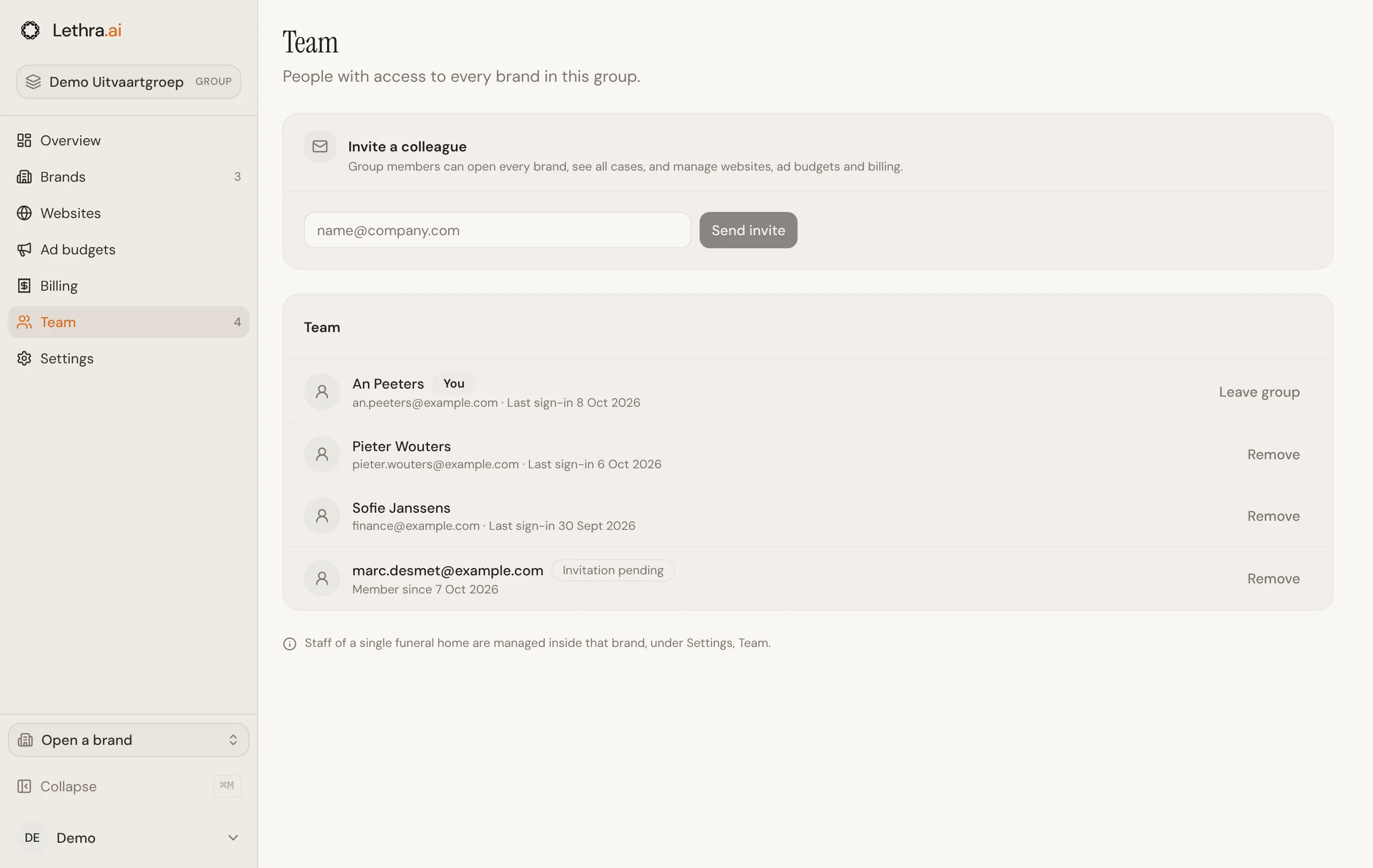 The Team page: Invite a colleague with an email field and Send invite, and the list of members with their last sign-in, one pending invitation, and Remove and Leave group buttons.