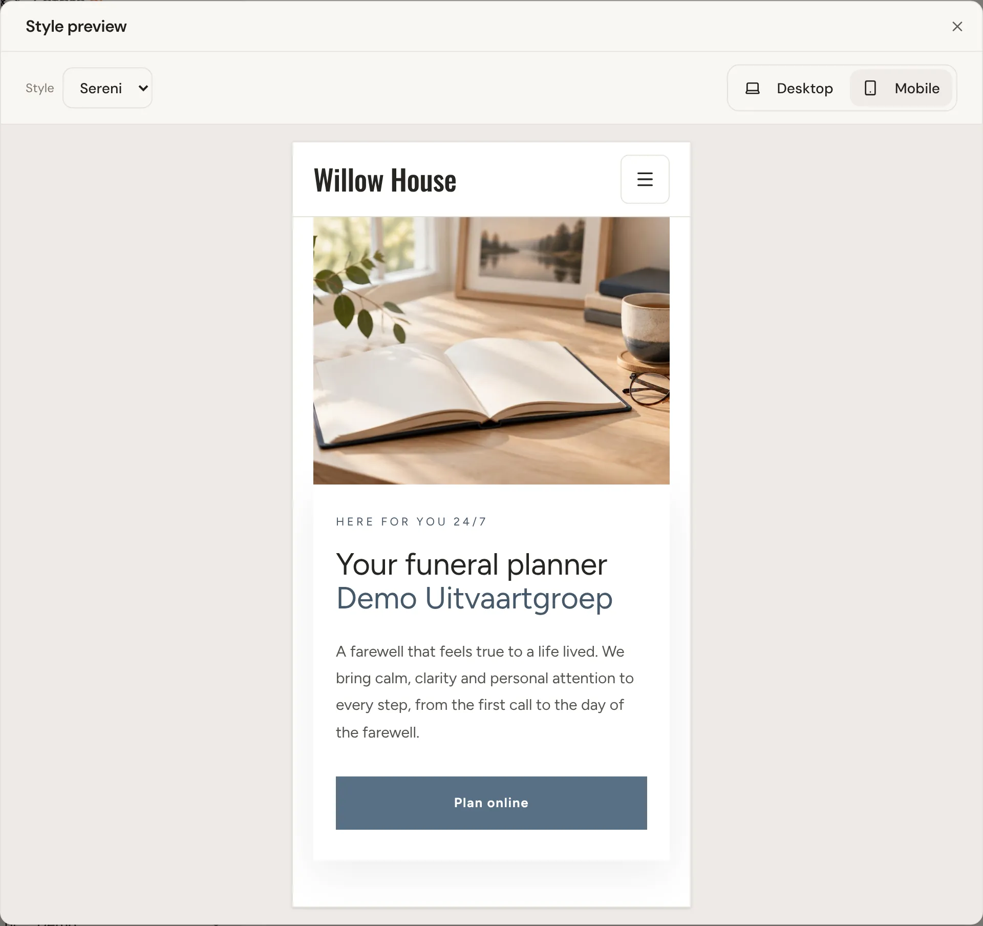 The same template on Mobile: the homepage in a phone-sized frame, with the menu folded behind a button and the Plan online button across the full width.