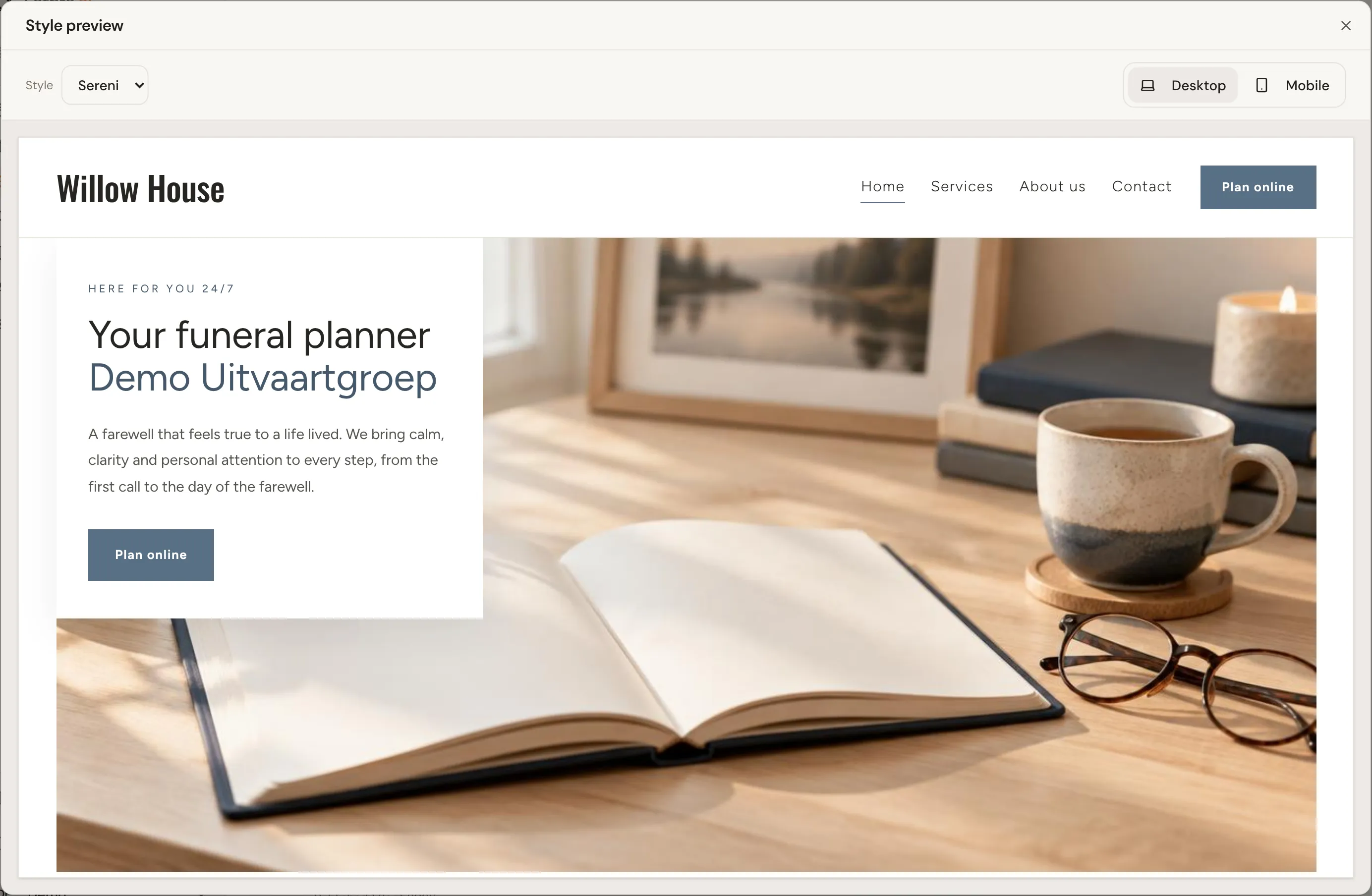 The template preview on desktop: the Style list set to the group’s template, Desktop and Mobile buttons, and the homepage with its menu, a framed photo and a Plan online button.