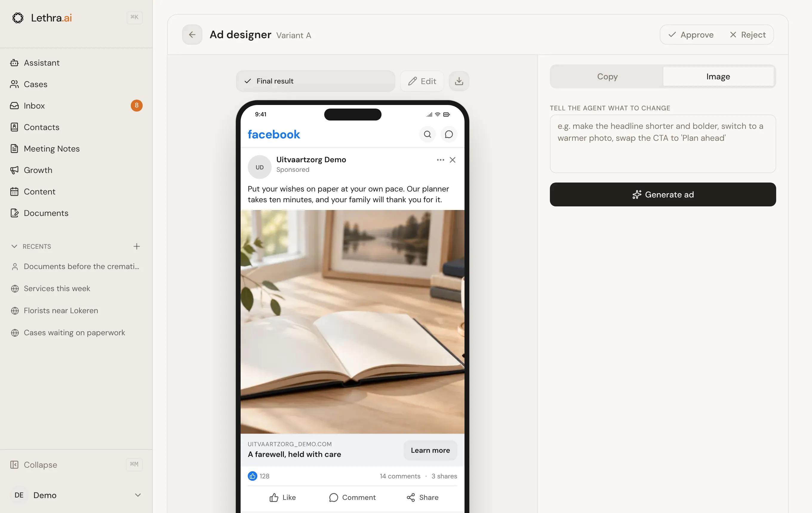 The ad designer: the ad previewed in a Facebook feed on a phone, with the Copy and Image tabs on the right and a box to tell the agent what to change.