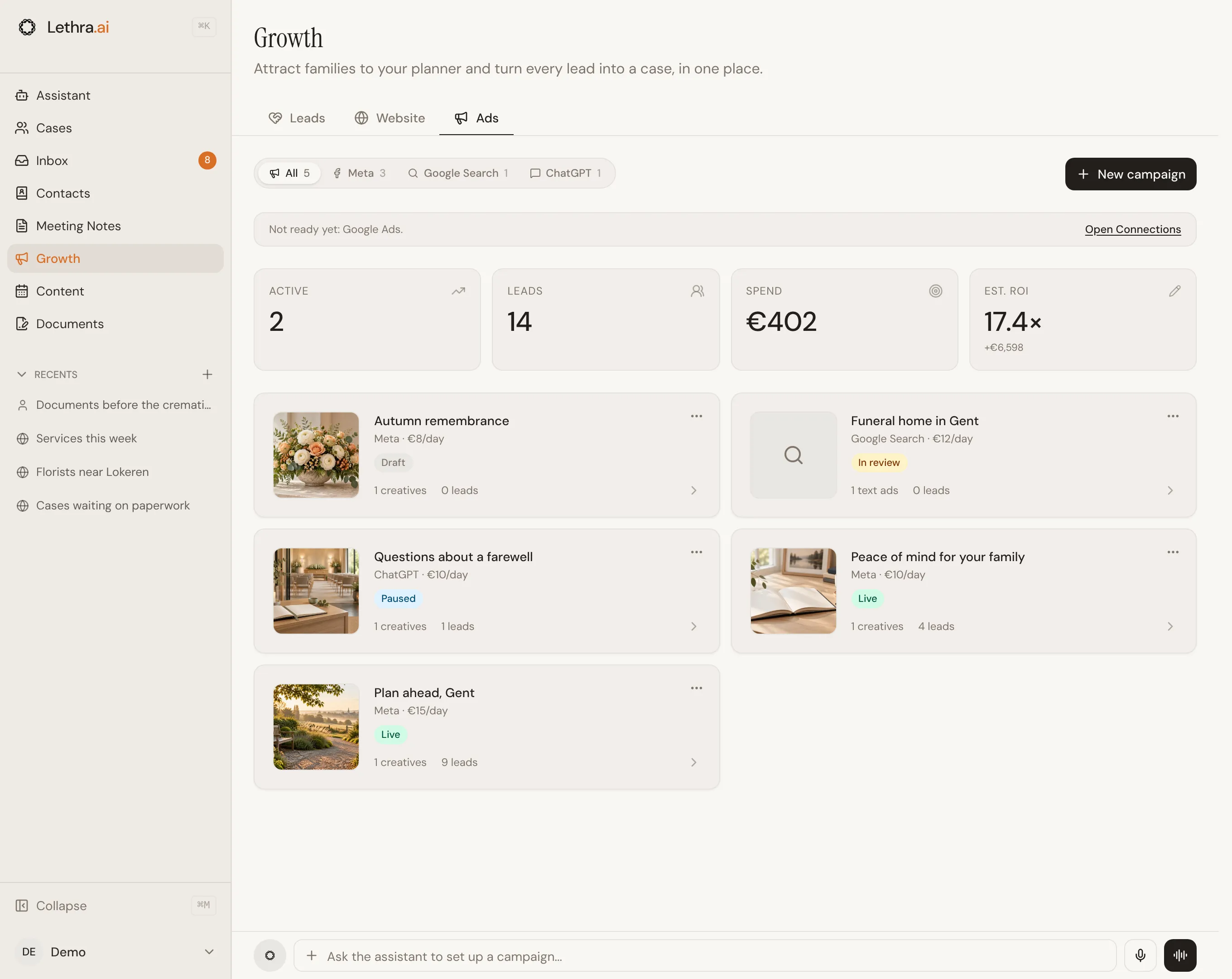 The Ads tab in Growth, with a channel filter, totals for active campaigns, leads, spend and estimated return, and campaigns on Meta, Google Search and ChatGPT.