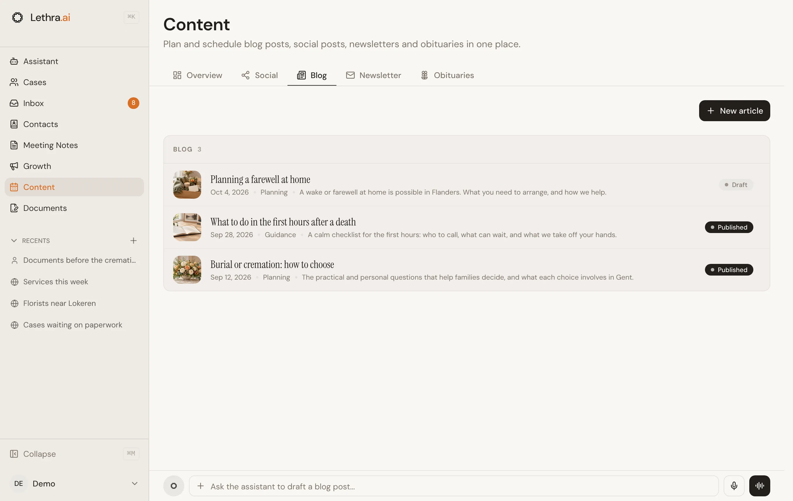 The Blog tab in Content, with a New article button and three articles, each with a cover photo, category, date, summary and a Draft or Published label.
