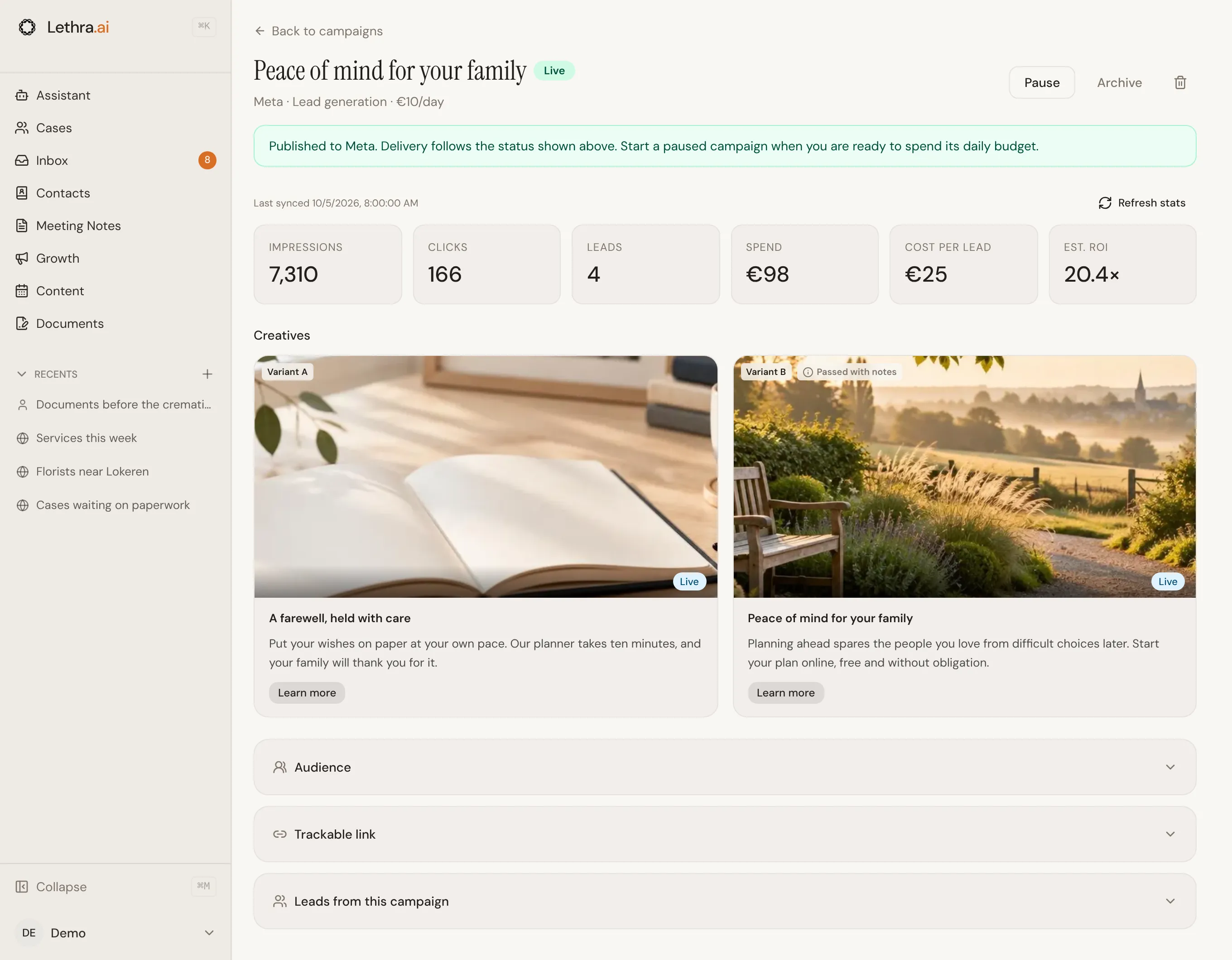 A live Meta campaign, with its results, two ad variants with their images and text, and sections for audience, trackable link and leads.