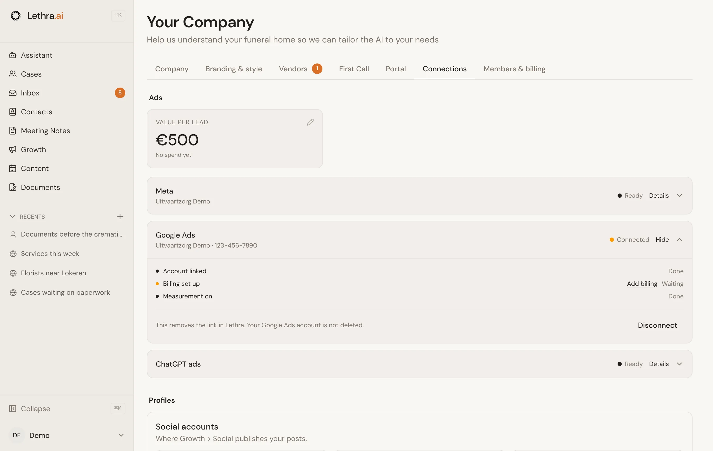 The Connections tab in Your Company, with the value per lead, Meta and ChatGPT ads ready, and Google Ads open showing its checklist with billing still waiting.