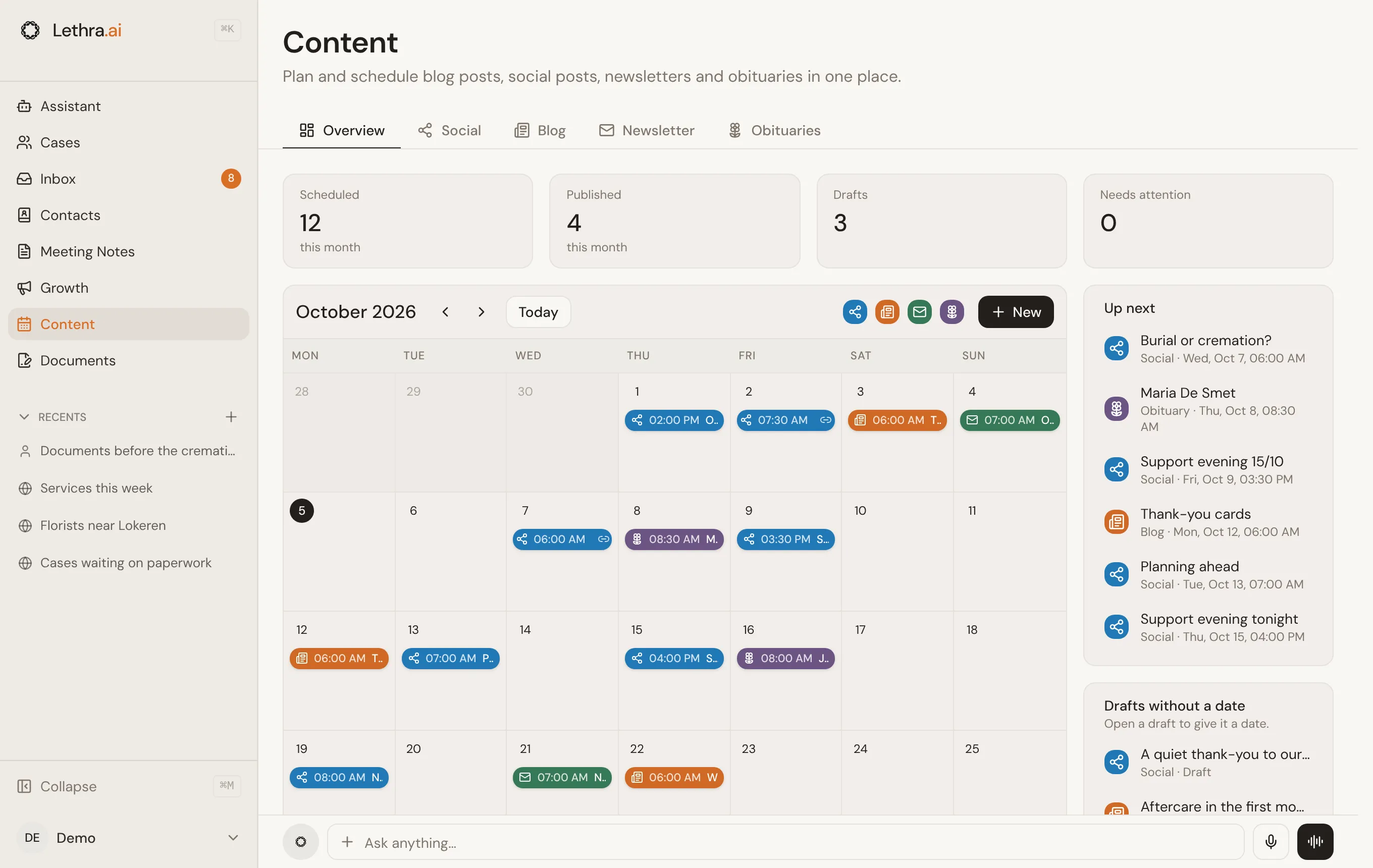 The Content overview: a calendar for October with blog articles, social posts, newsletters and obituaries on the days they go out, and the drafts without a date beside it.