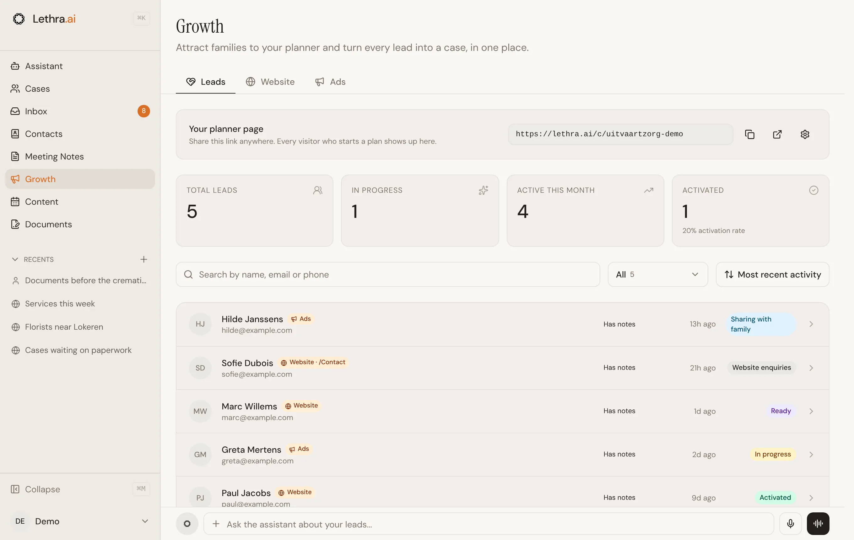 The Leads tab in Growth, with the planner page link, lead totals, and a list of families with where they came from and how far they got.