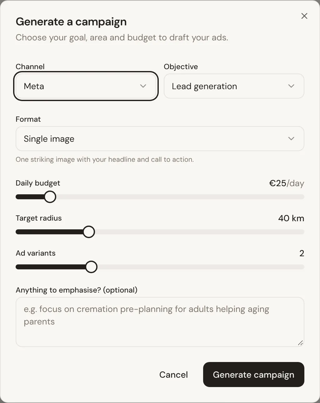 The Generate a campaign window: channel, objective, format, daily budget, target radius, number of ad variants, and a box for anything to emphasise.