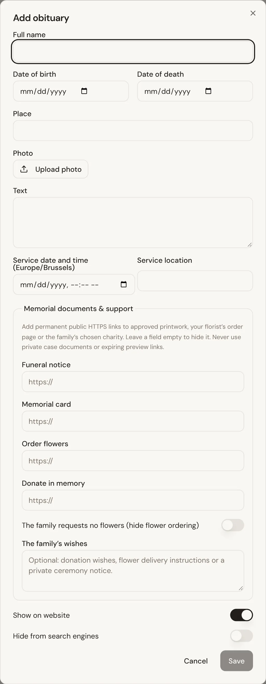 The Add obituary window: full name, dates of birth and death, place, photo, text, the service date and location, and links for memorial documents and support.