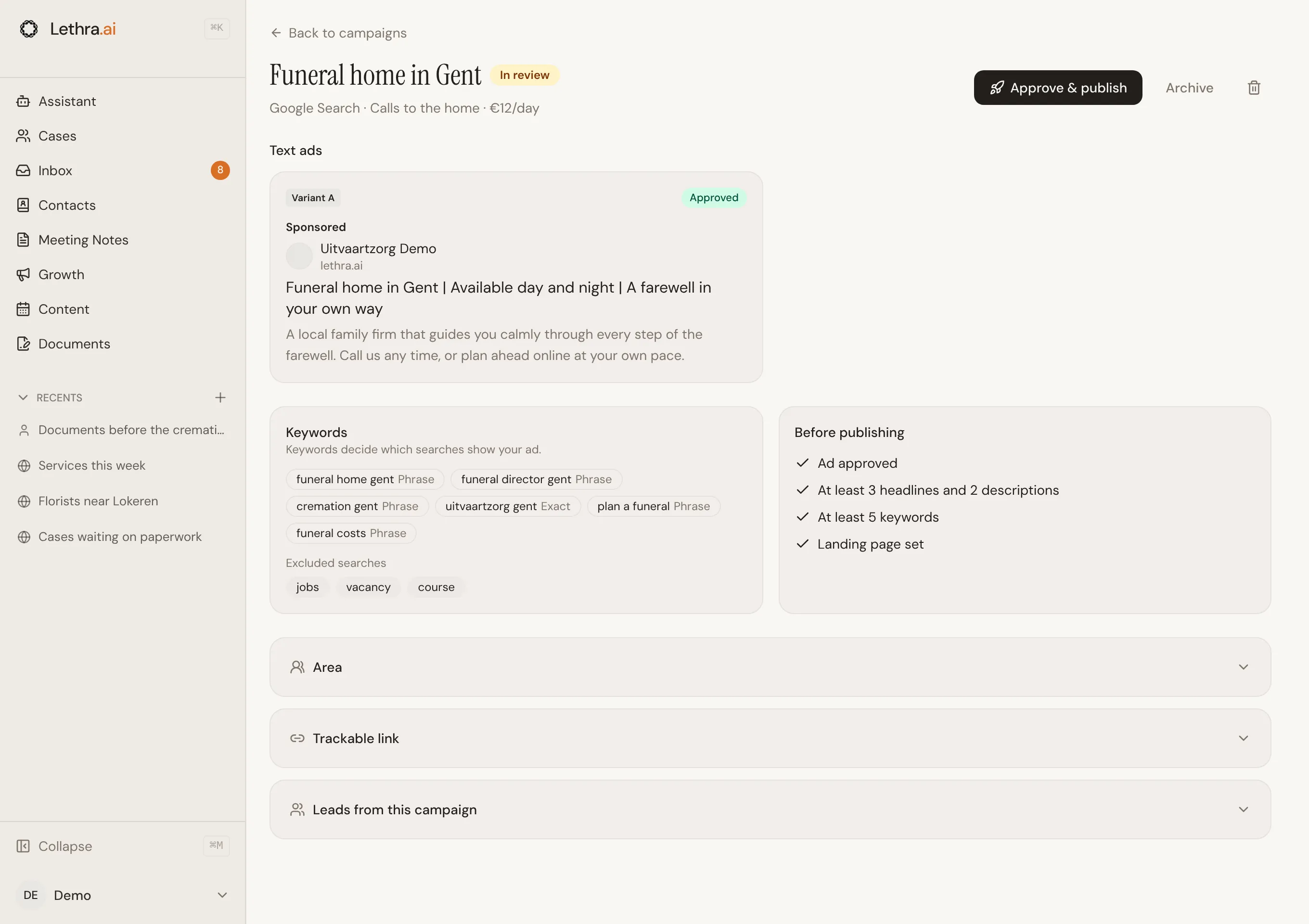 A Google Search campaign in review, with a preview of the text ad, its keywords and excluded searches, a Before publishing checklist and the Approve &amp; publish button.