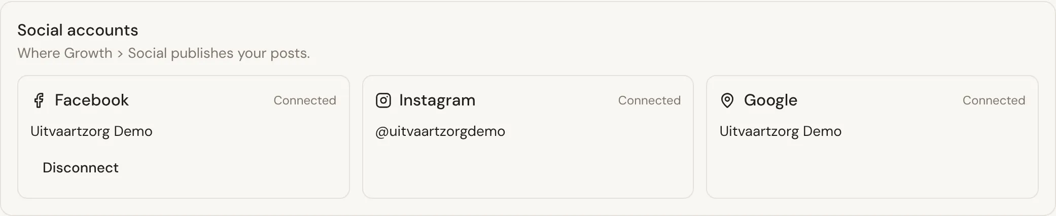 Social accounts in Company settings > Connections: Facebook, Instagram and Google, each marked Connected, with the Facebook Page in use and a Disconnect button.