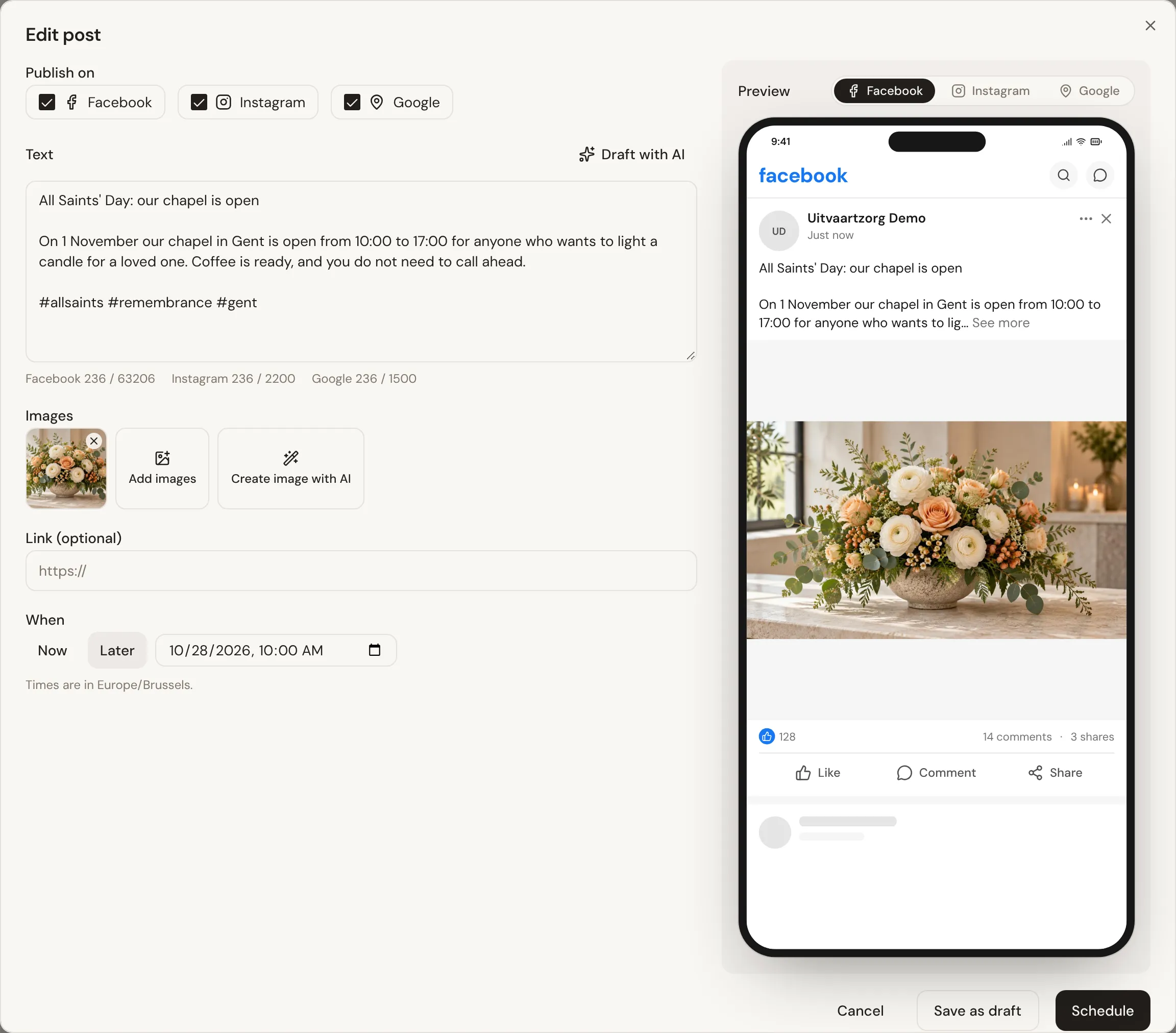 The post editor: Facebook, Instagram and Google ticked, the text with a character count per network, an image, an optional link, the date and time, and a preview of the Facebook post.