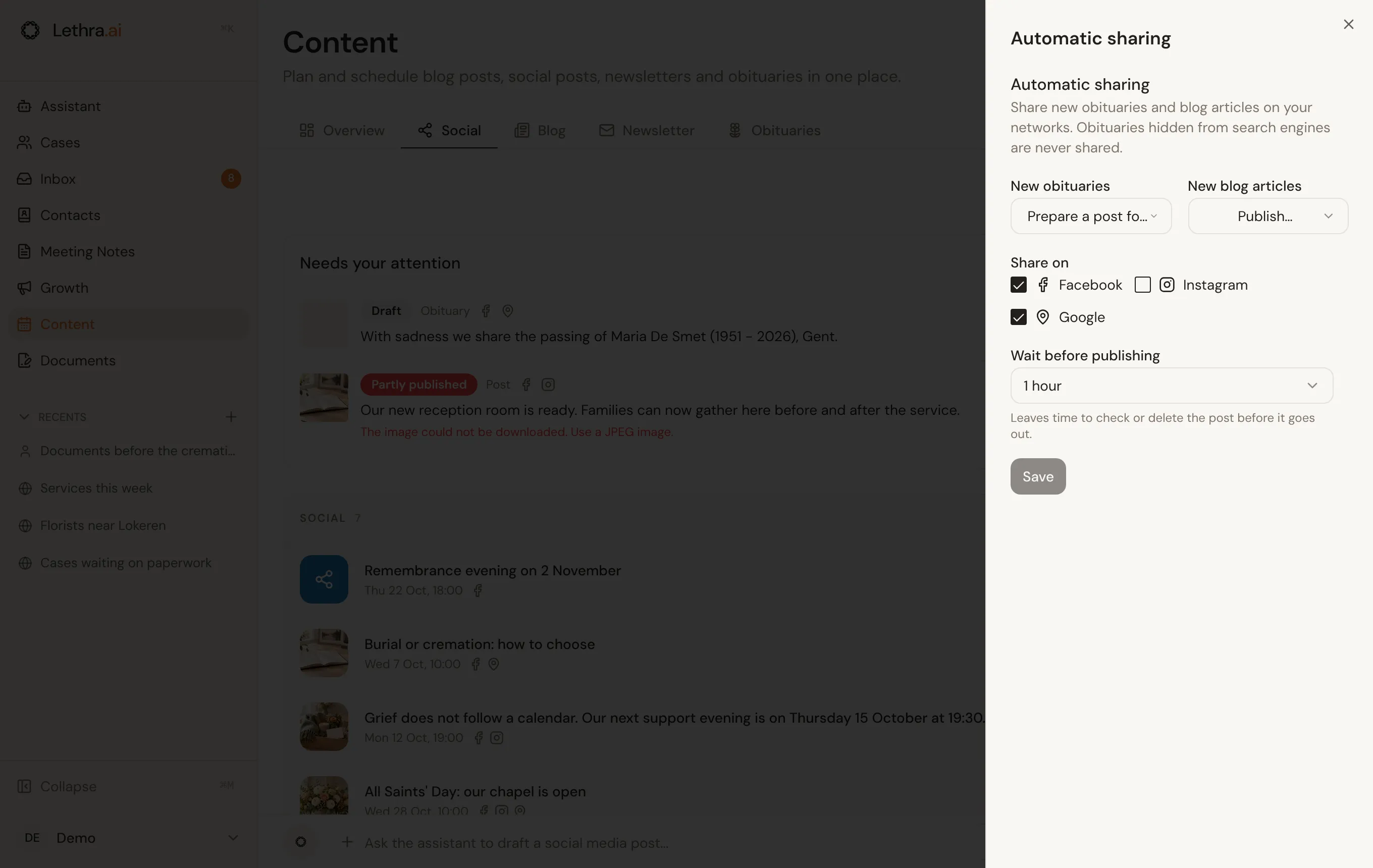 The automatic sharing settings: what to do with new obituaries and new blog articles, which networks to share on, and how long to wait before publishing.
