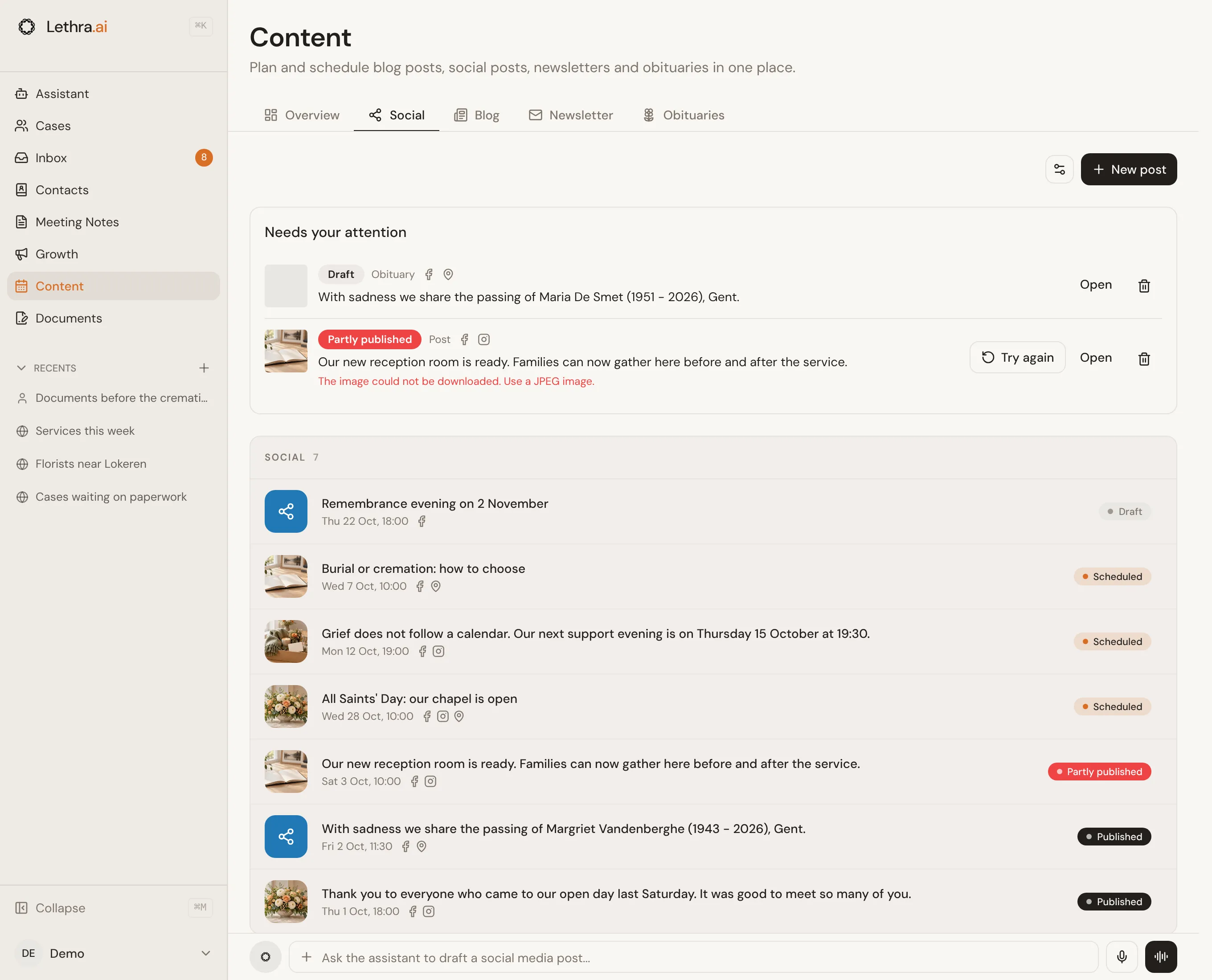 The Social tab in Content: two posts that need your attention, one with a Try again button, and below them every post with its date, networks and status.