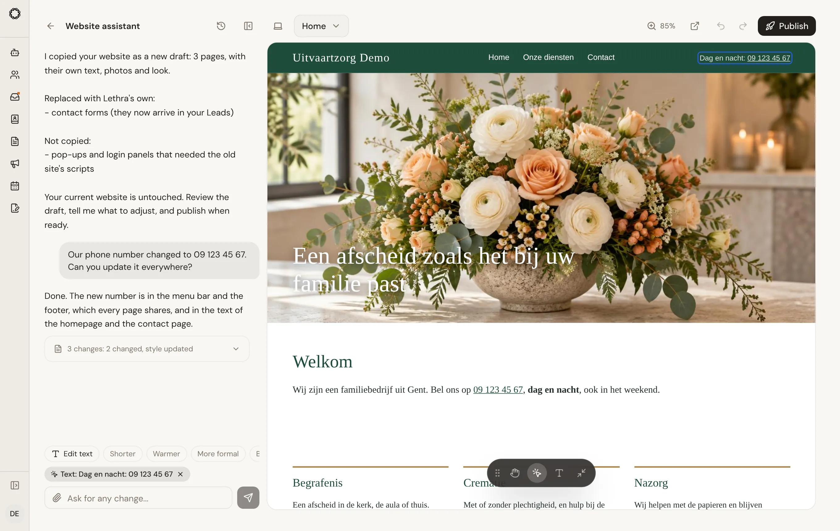 The editor with an imported website: the funeral home’s own green menu bar, a large photo with a heading and its text, the phone number in the menu bar selected, and Edit text offered above the message box.