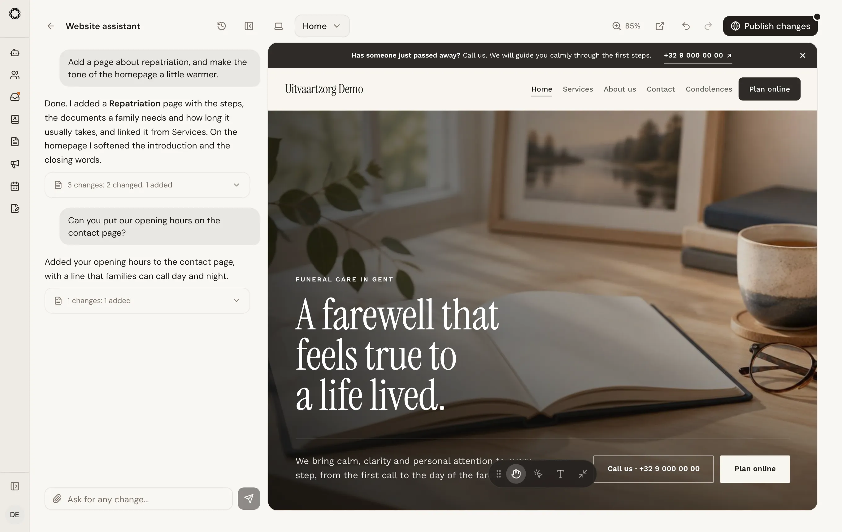 The website editor: a conversation with the website assistant on the left, listing the changes it made, and the live preview of the homepage on the right with a Publish changes button.