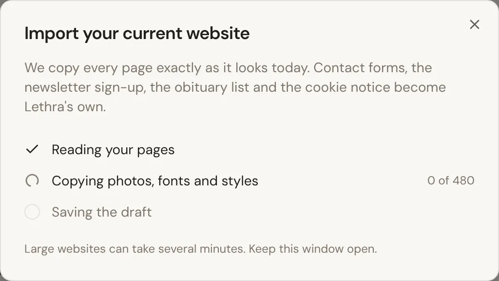 The import window while it works: pages read, photos, fonts and styles being copied with a counter, and the draft still to be saved.