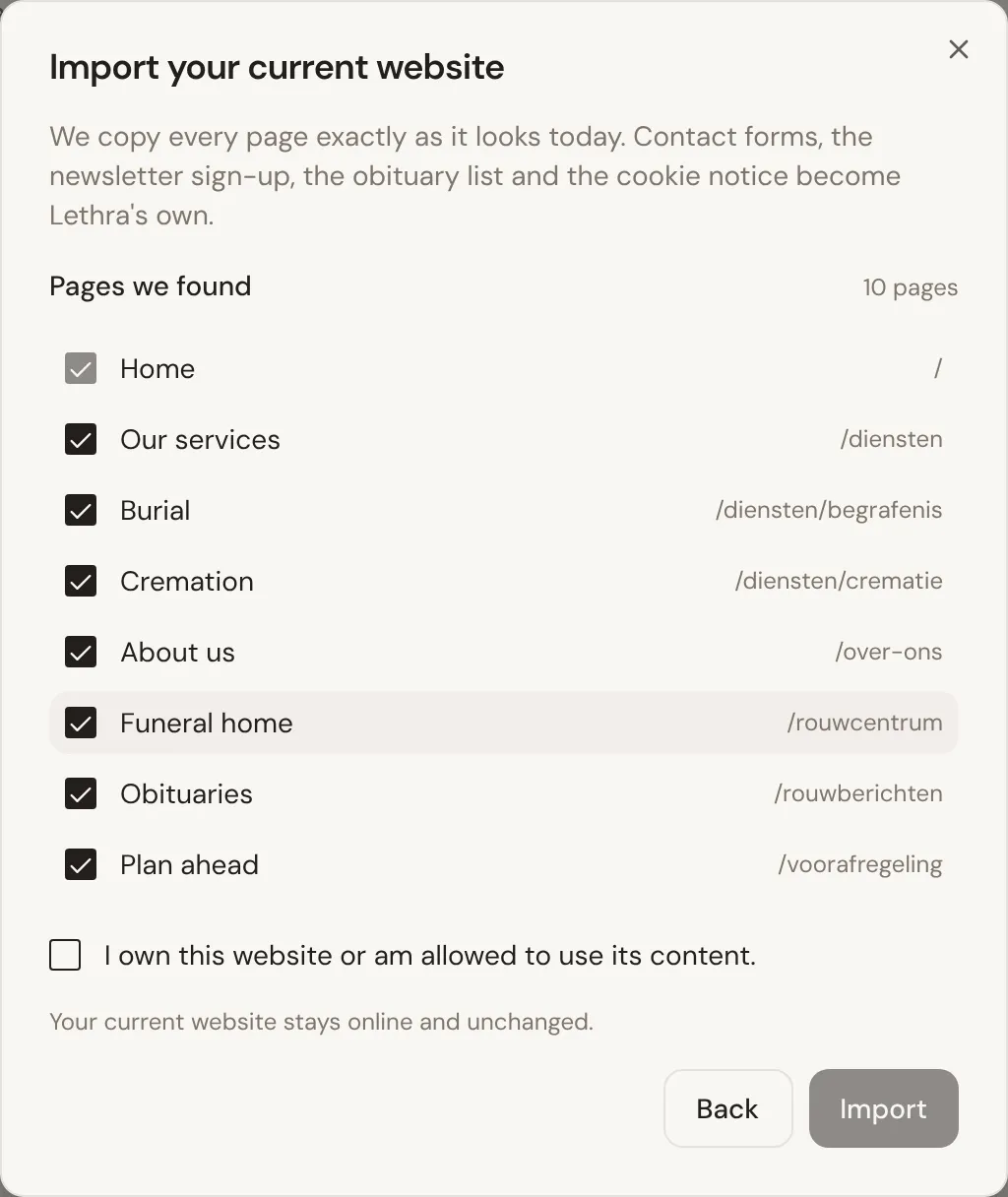 The import window listing the pages found on a website, each with a tick box, and the box to confirm you own the website.