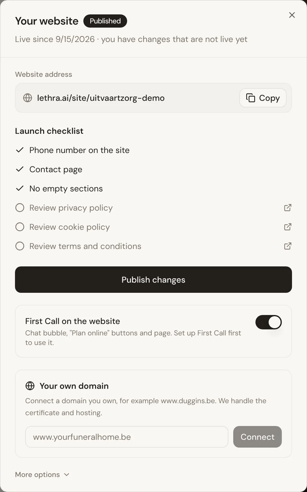 The launch window: the website address with a Copy button, the launch checklist, the Publish changes button, the First Call switch and the field to connect your own domain.