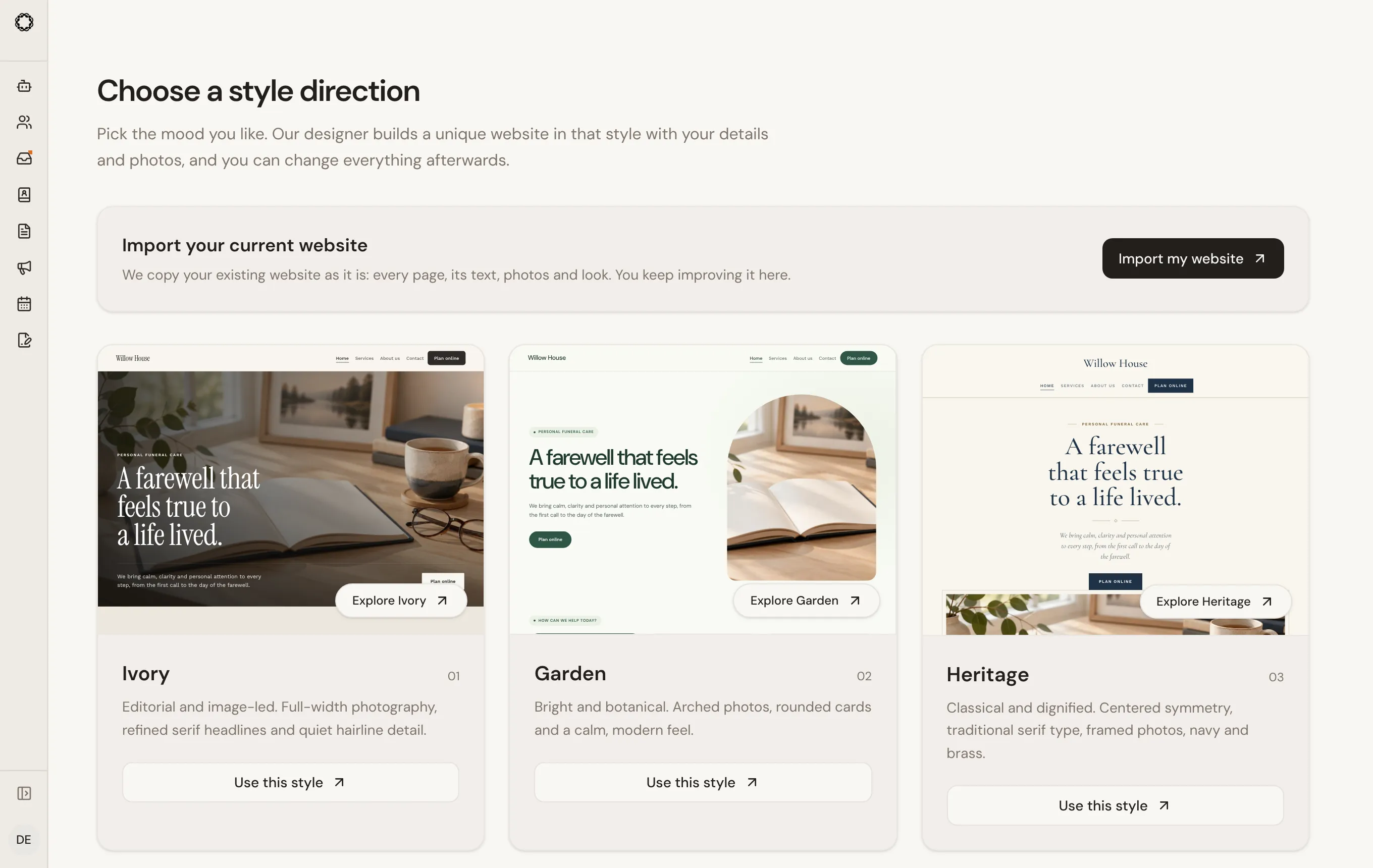 The style picker: three styles, Ivory, Garden and Heritage, each with a preview and a Use this style button, and above them a card to import your current website.