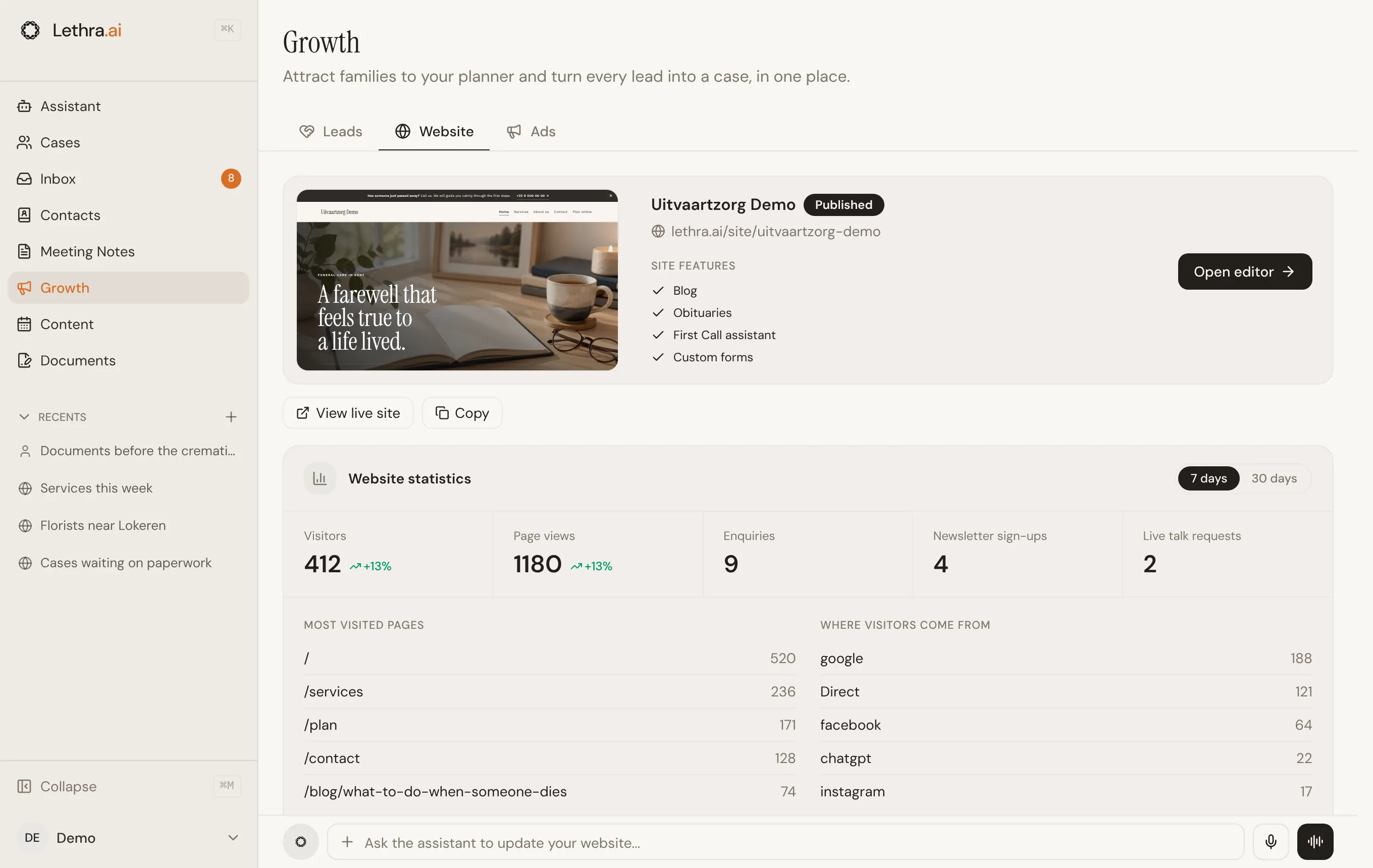 The Website tab in Growth, with a preview of the published site, its address, the features that are on, and buttons to open the editor or the live site.