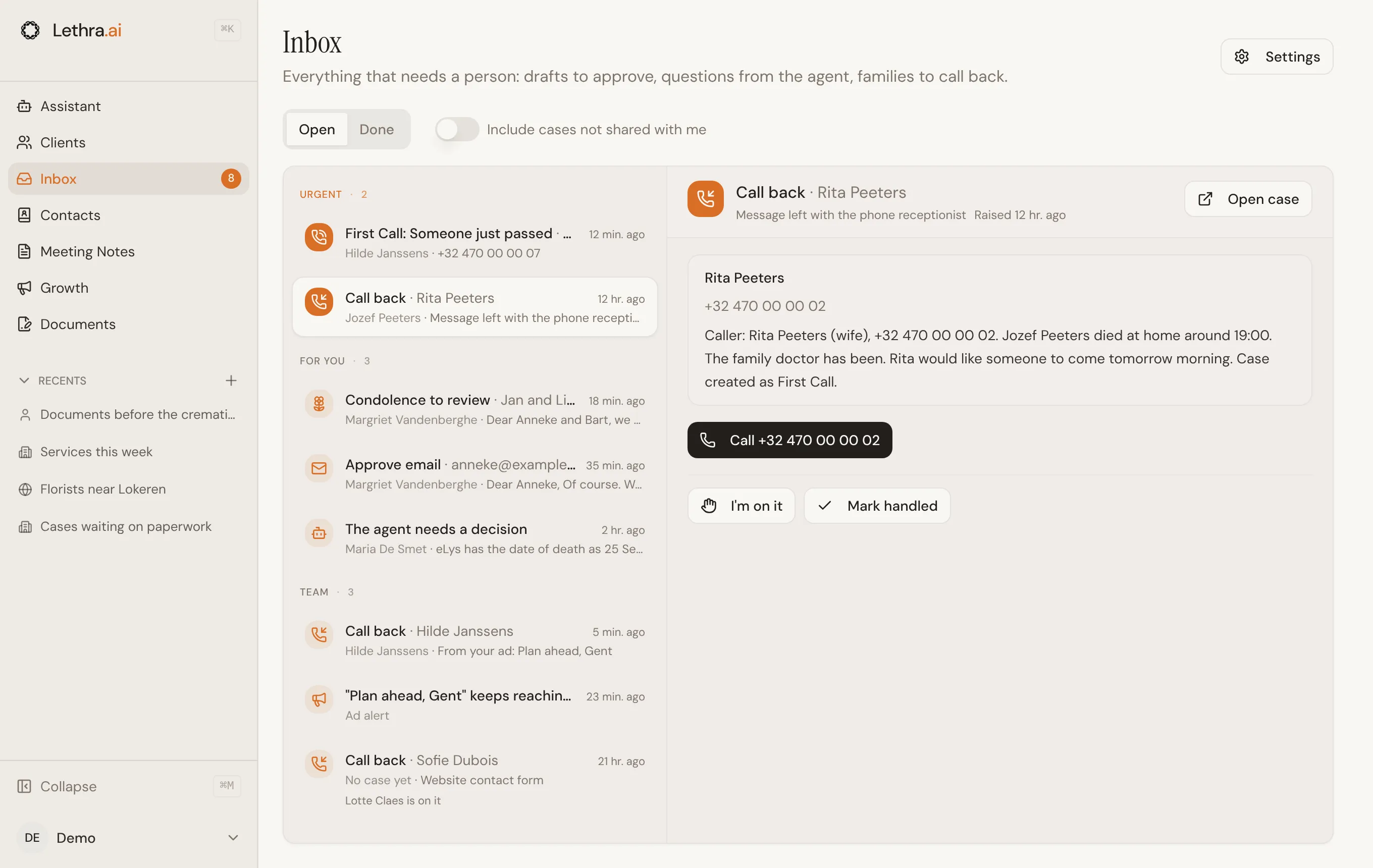 A callback in the inbox: the receptionist’s summary of an after-hours call, the caller’s name and number, and a button to call them back.