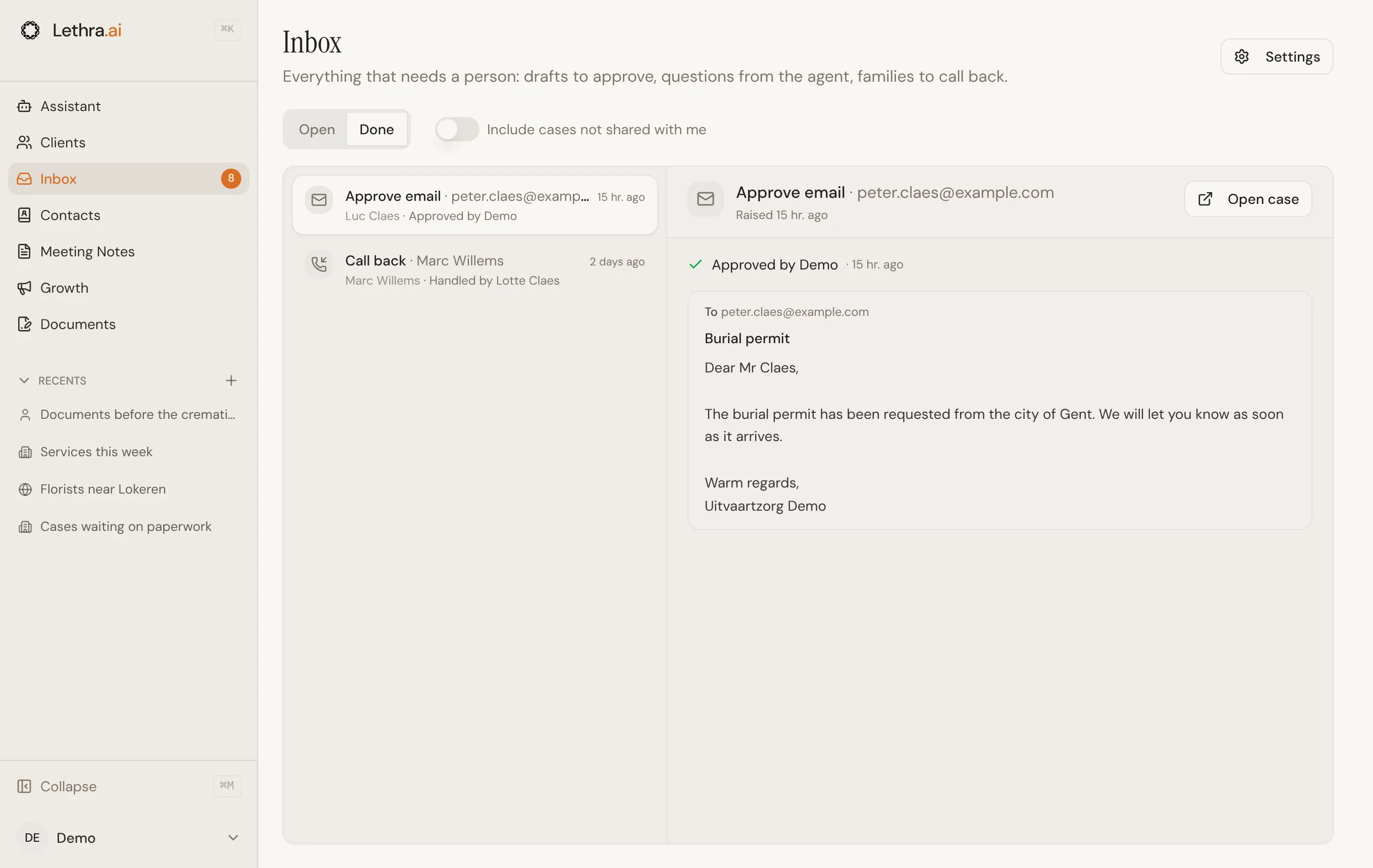 The Done tab: an approved email, marked Approved by Demo, and a callback marked Handled by Lotte Claes.