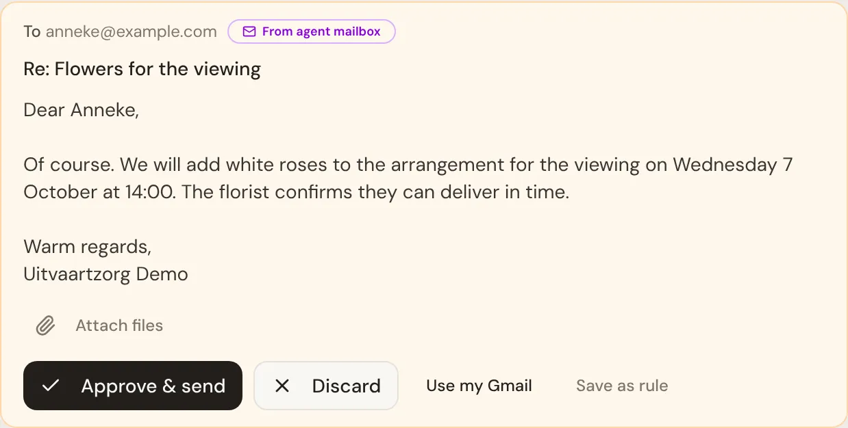 The draft card: the agent’s reply to a family, marked From agent mailbox, with Approve & send, Discard, Use my Gmail and Save as rule beneath it.