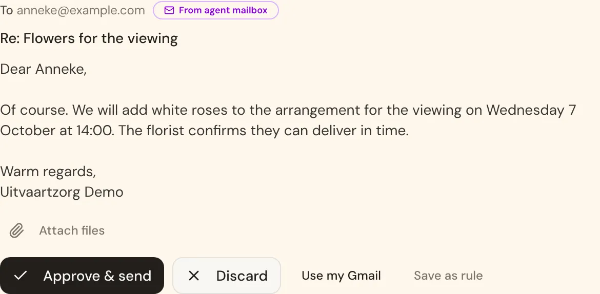 An agent draft marked From agent mailbox, with Approve and send, Discard, Use my Gmail and Save as rule beneath it.