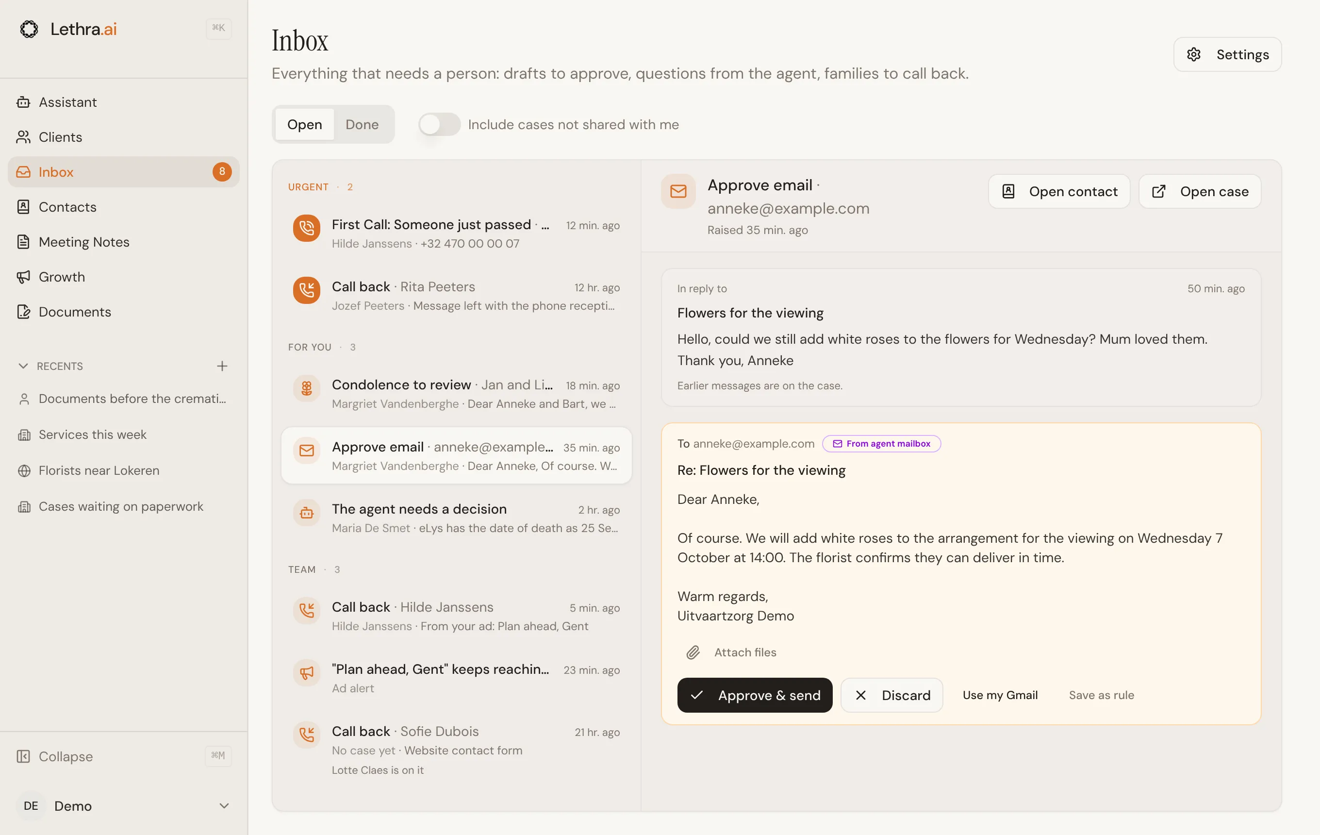 The Lethra inbox. On the left, two urgent items, three items under For you and one under Team. On the right, the agent’s draft reply to a family, with the family’s question above it and Approve & send and Discard beneath it.