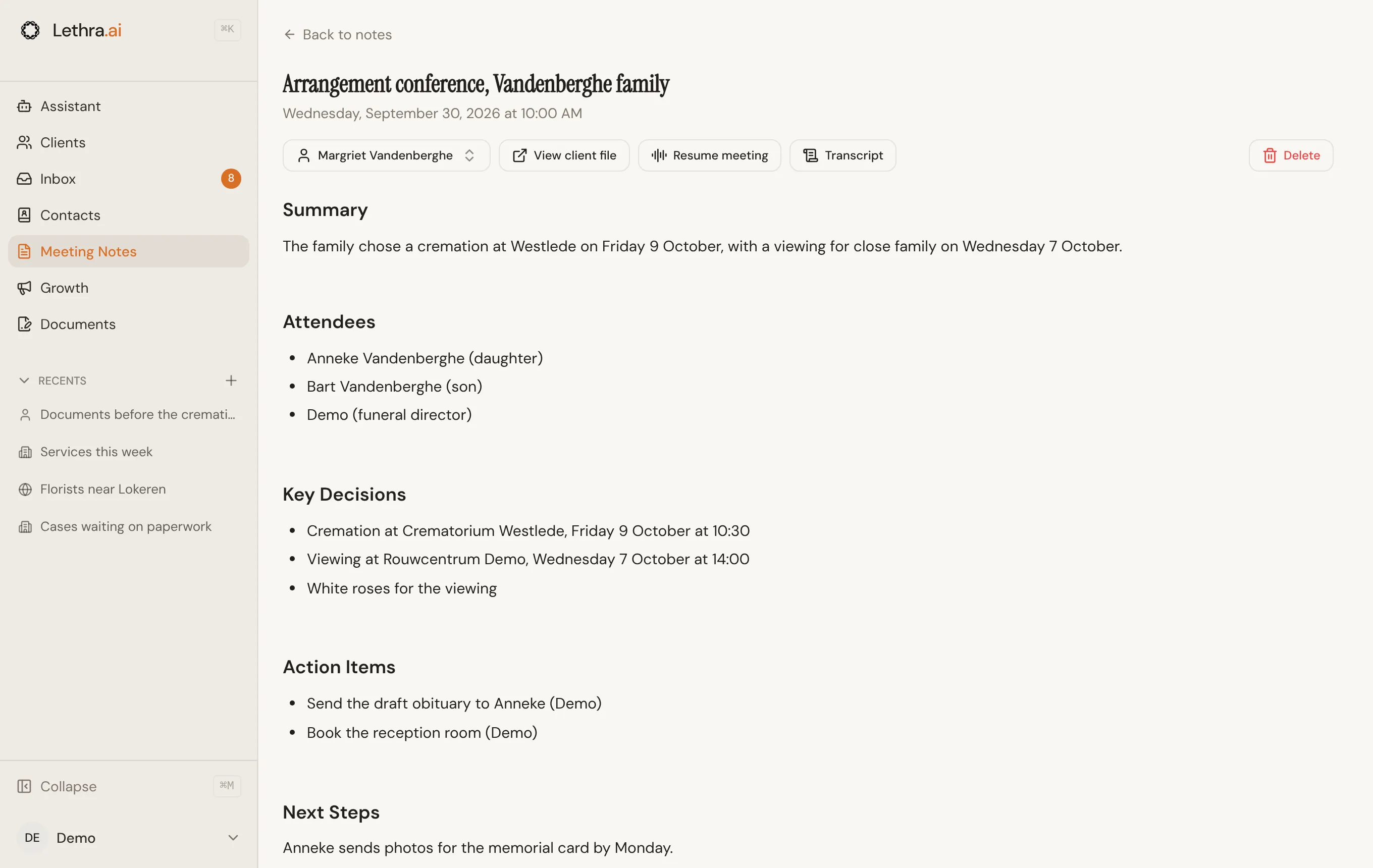 An organized meeting note, with the Summary, Attendees and Key Decisions sections, and the Resume meeting and Transcript buttons above it.