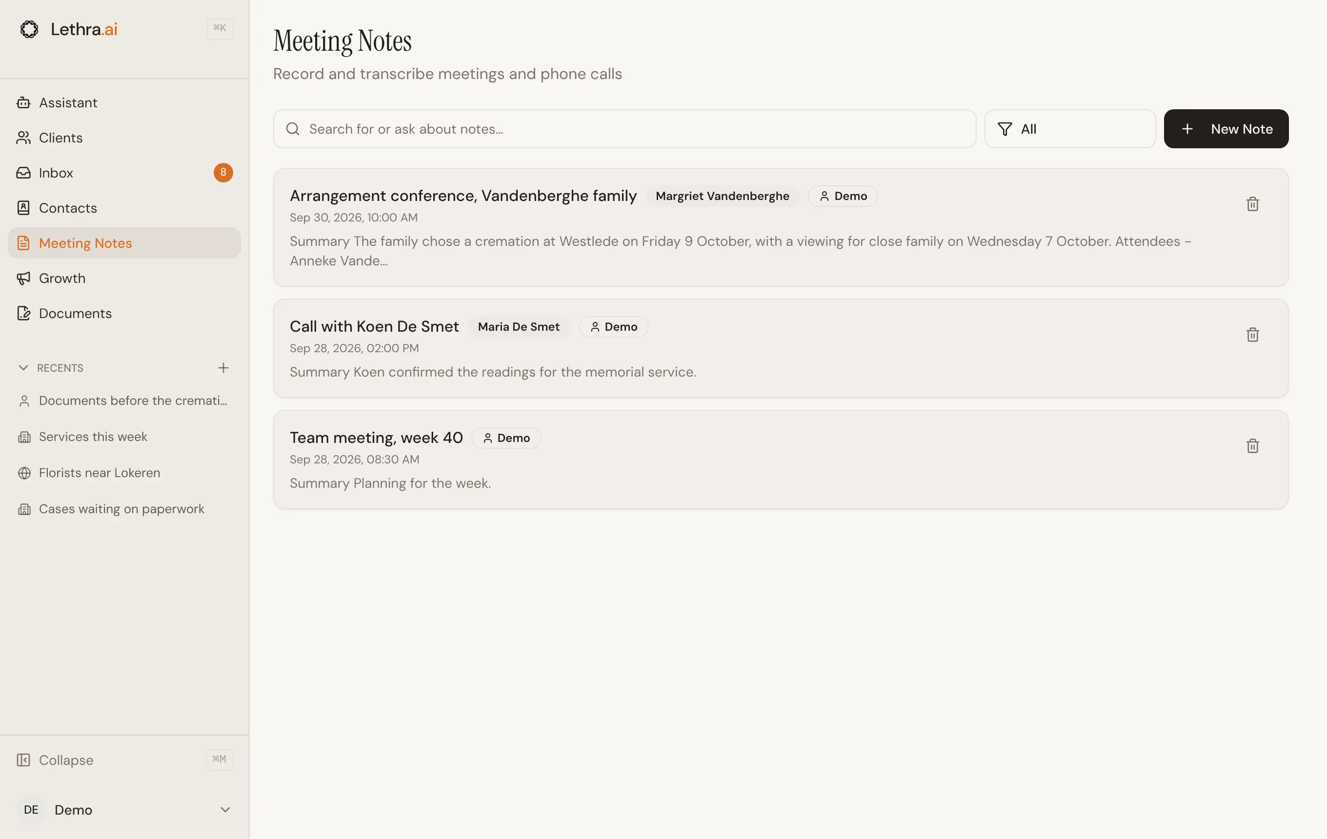 The Meeting Notes page, listing three notes with the case each belongs to and a short summary, and a New Note button.