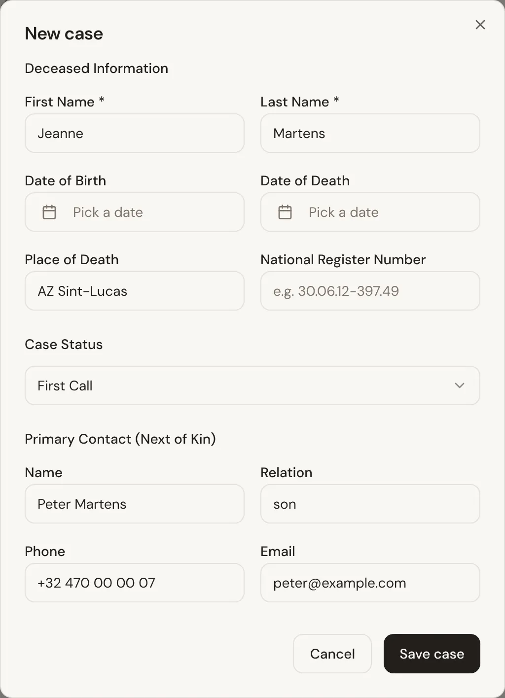 The New case form, filled in during a first call: the deceased’s details, the case status set to First Call, and the primary contact with phone and email.