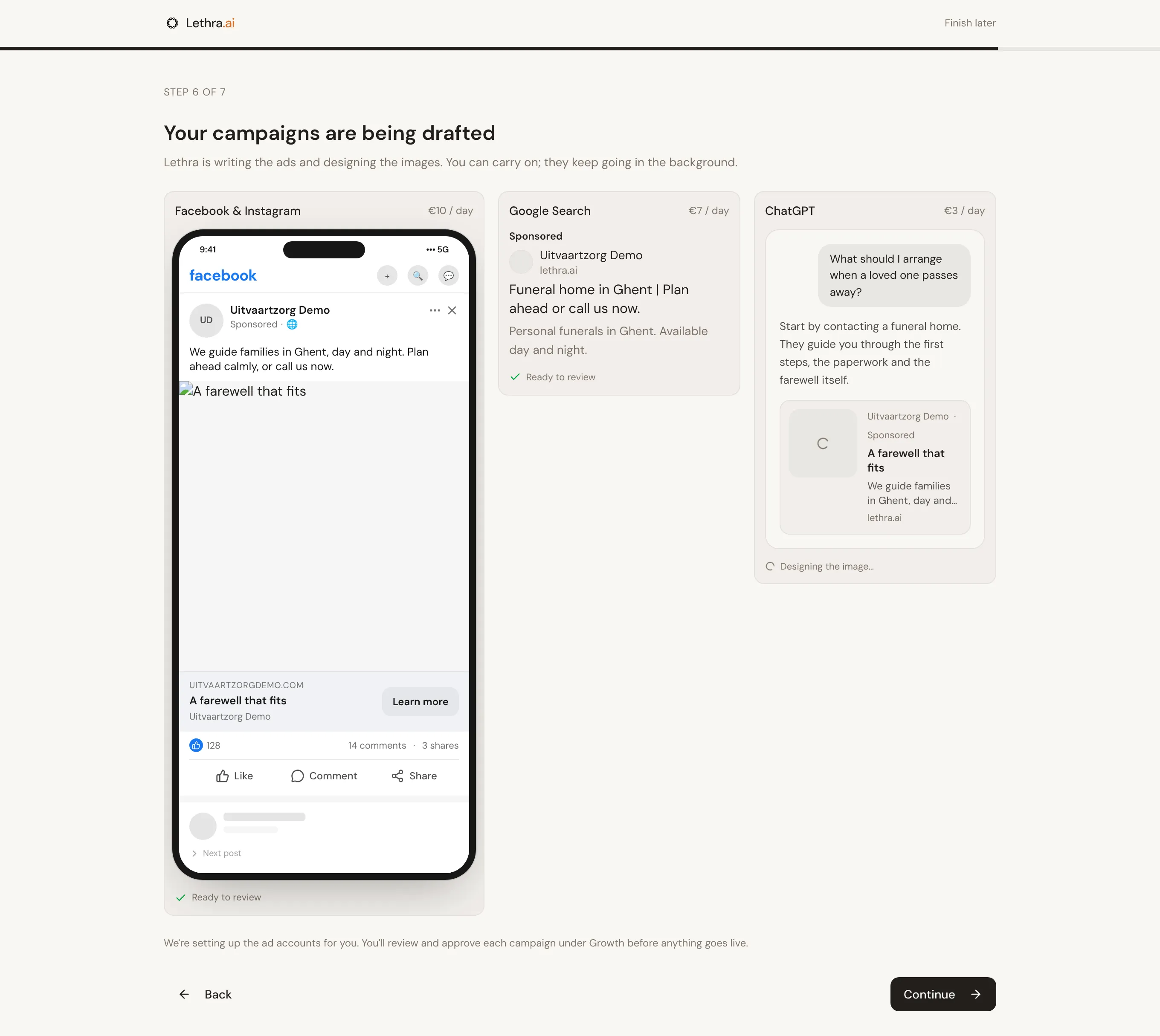 The campaigns being drafted: a Facebook post, a Google search result and a ChatGPT card, the last one still designing its image.