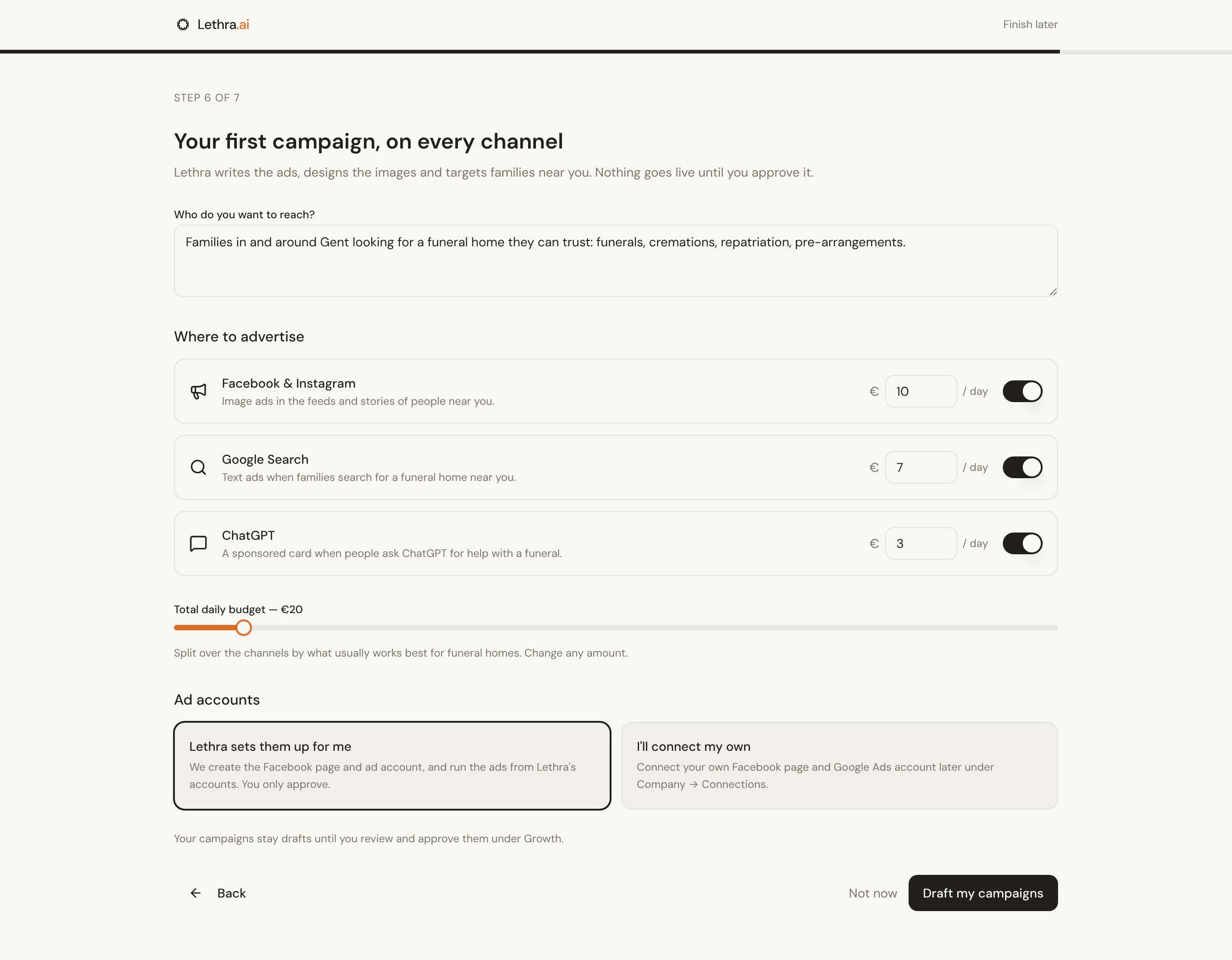 The campaign step: the brief, the three channels with a daily amount each, the total daily budget and the ad account choice.