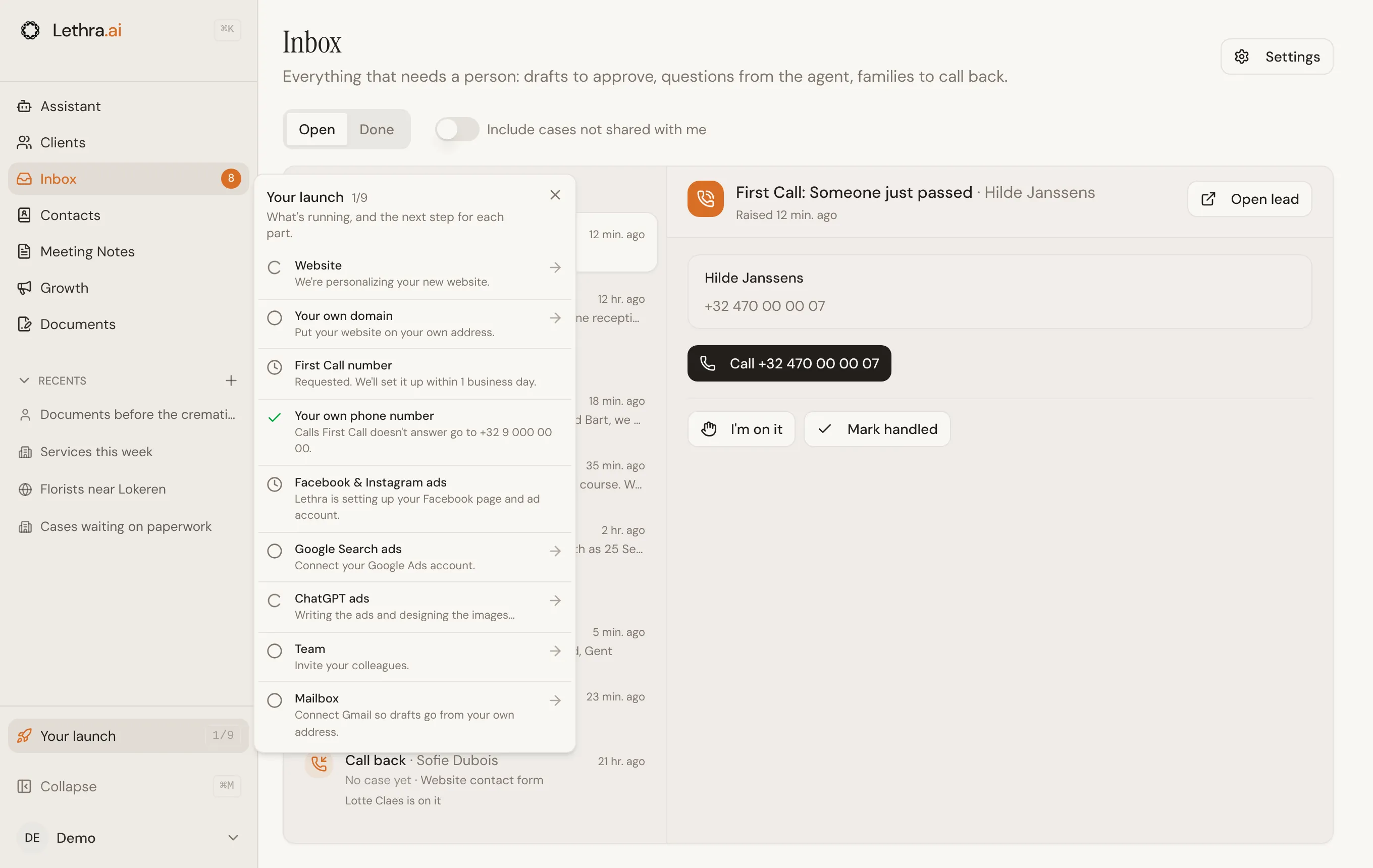 The Your launch board opened from the sidebar, over the Inbox.