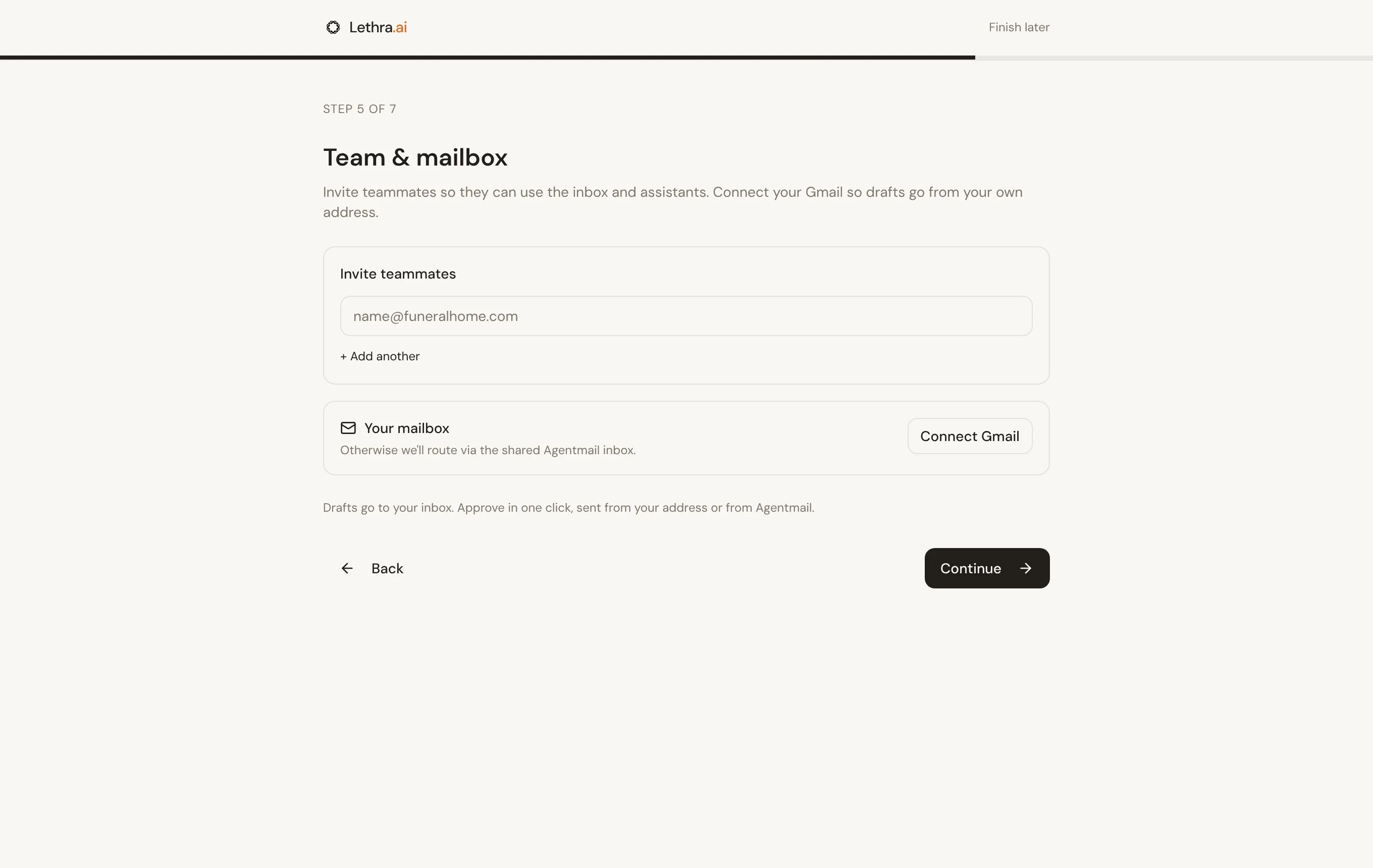 The team step: email addresses for invitations and a button to connect Gmail.