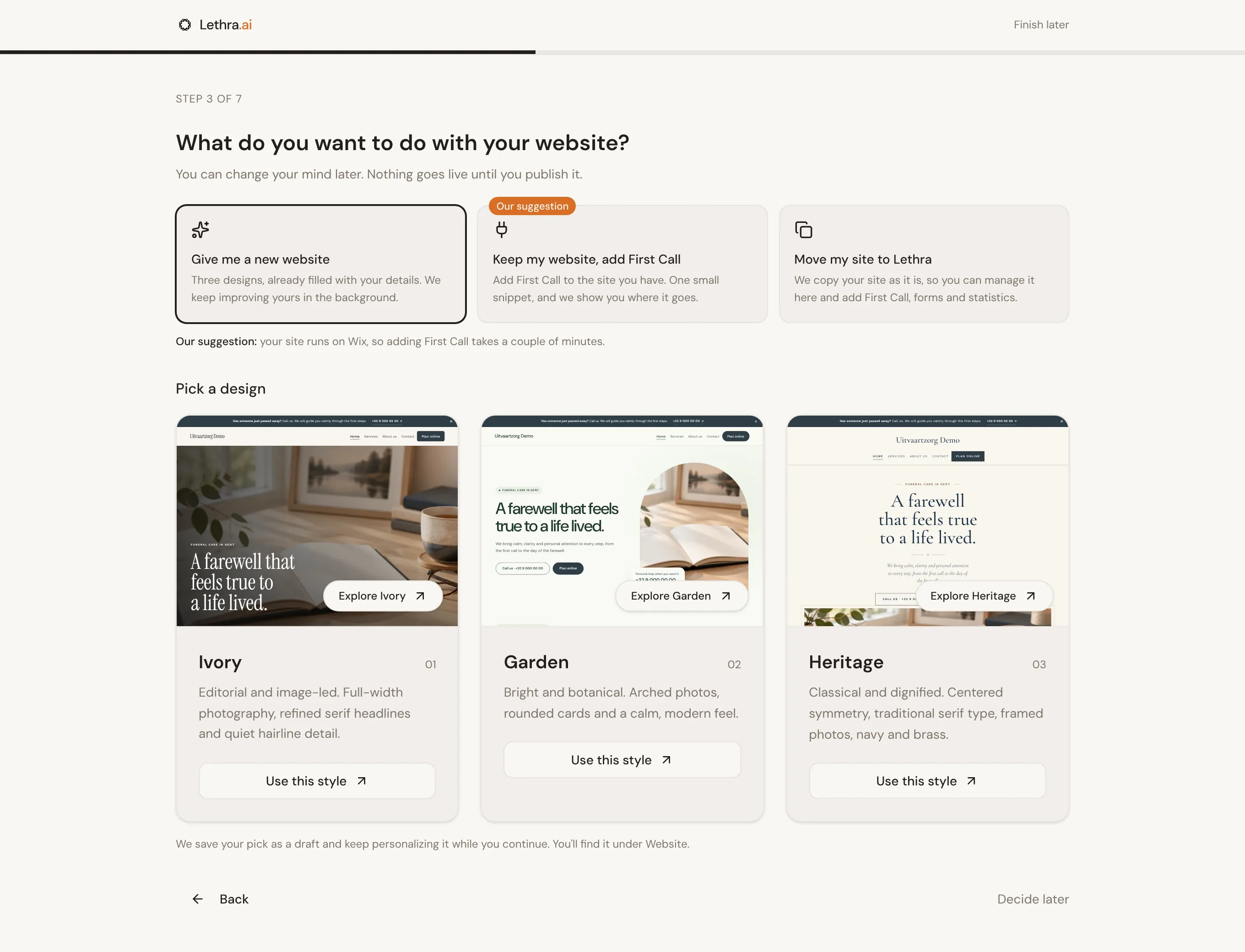 The three website designs, each already showing the funeral home’s own name and phone number.