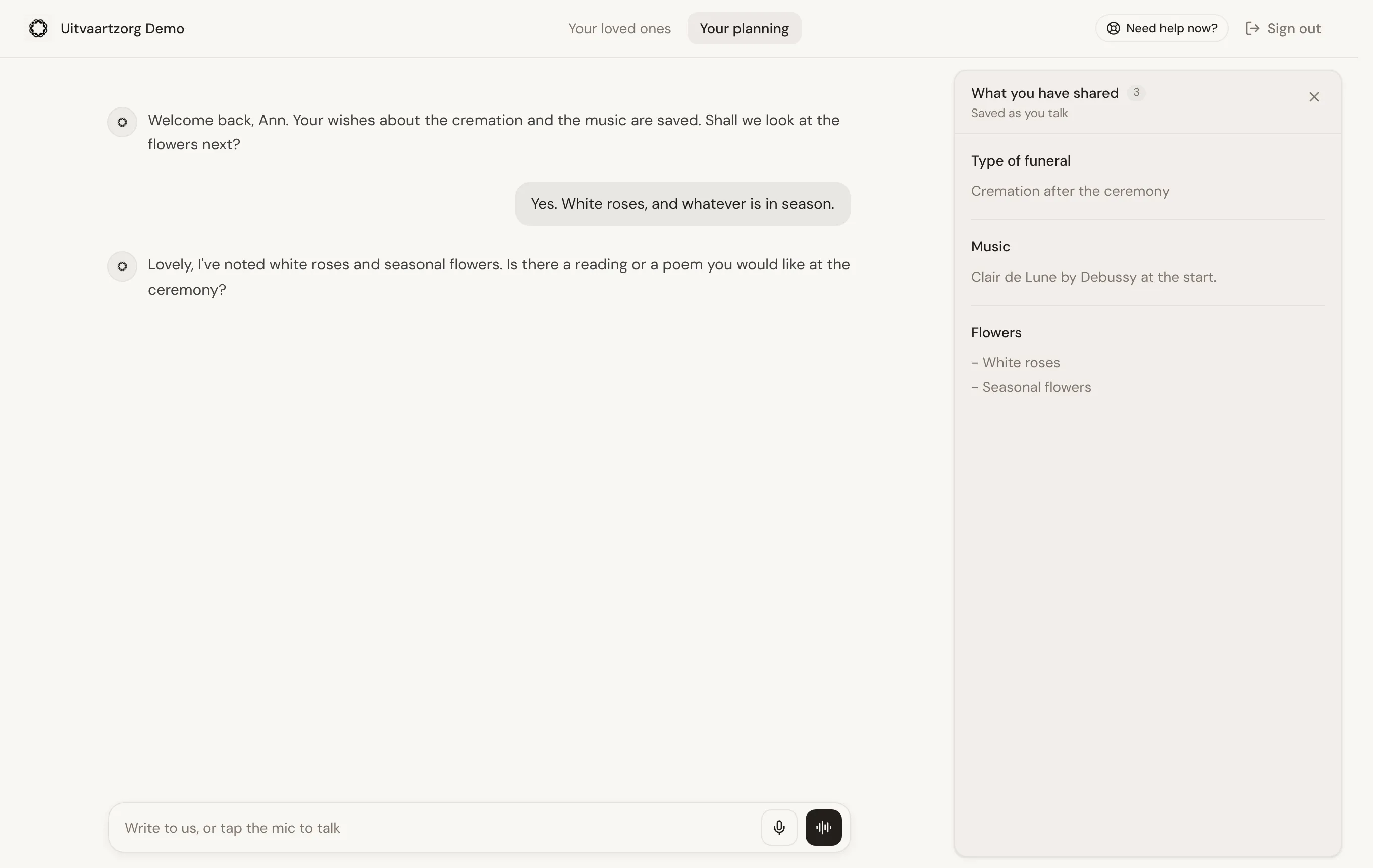 Your planning in the portal: the conversation on the left, and on the right what the person has shared so far, such as the type of funeral, the music and the flowers.