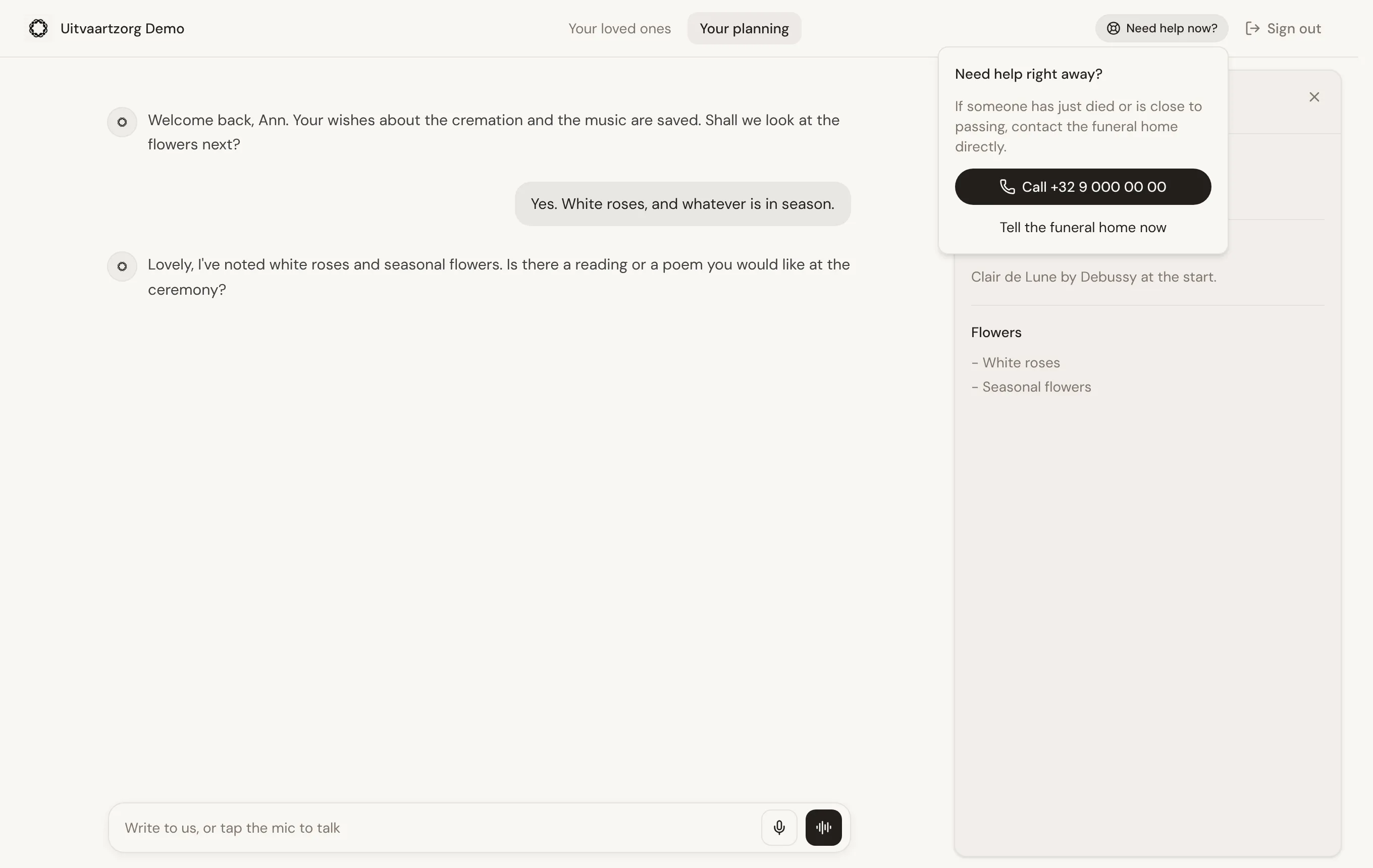 The Need help now? menu in Your planning: a call button with the funeral home’s number, and Tell the funeral home now.