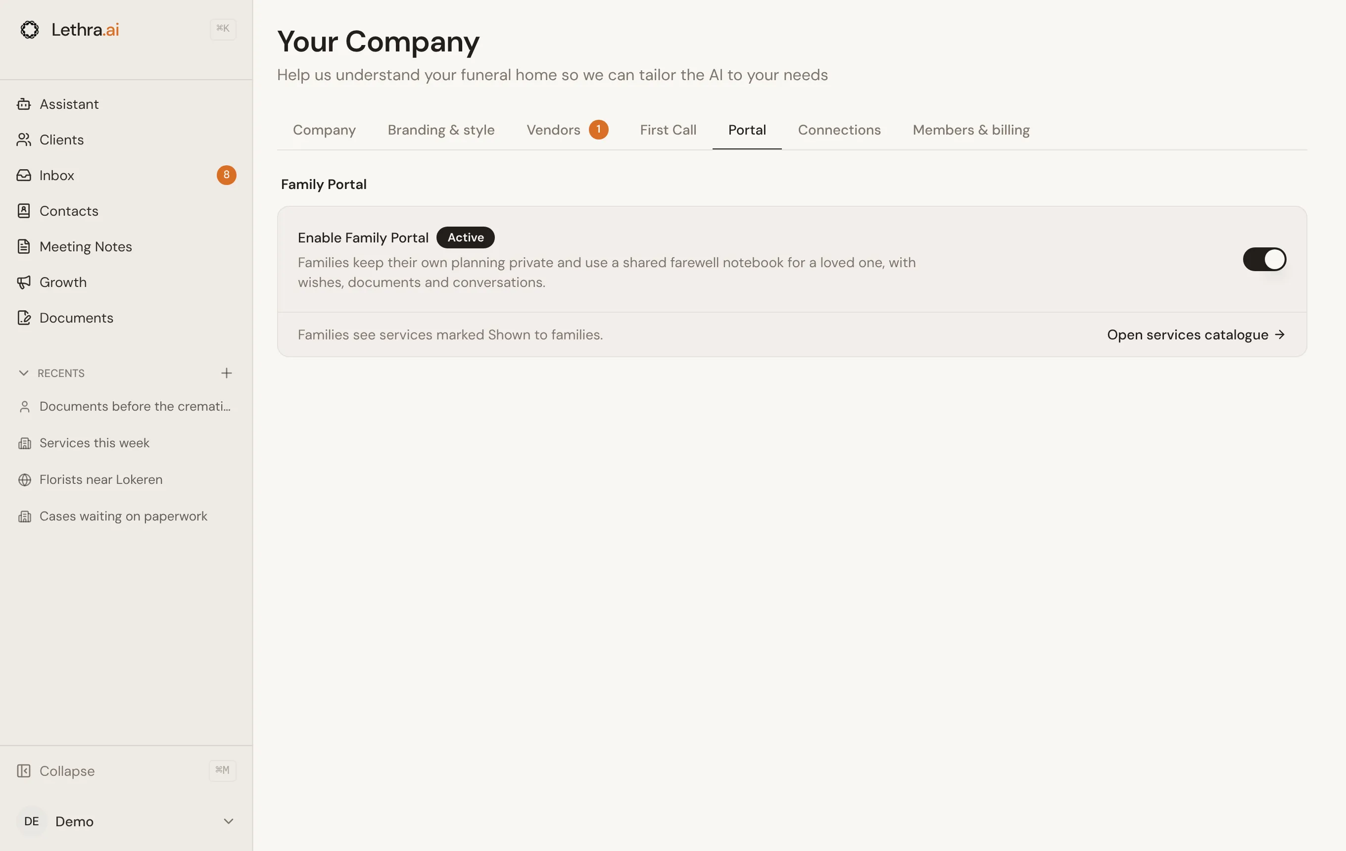 The Portal tab under Your Company, with Enable Family Portal switched on and marked Active, and a link to the services catalogue.