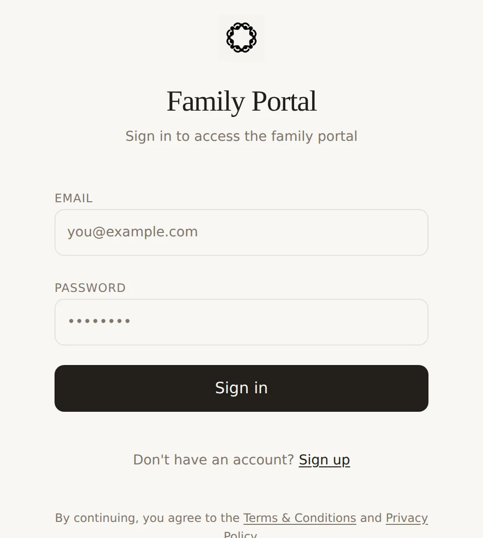 The Family Portal sign-in screen, showing email and password fields under a Family Portal heading.