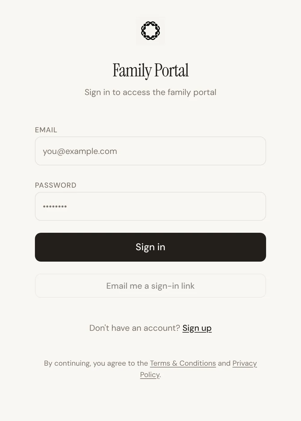 The Family Portal sign-in screen, showing email and password fields under a Family Portal heading.