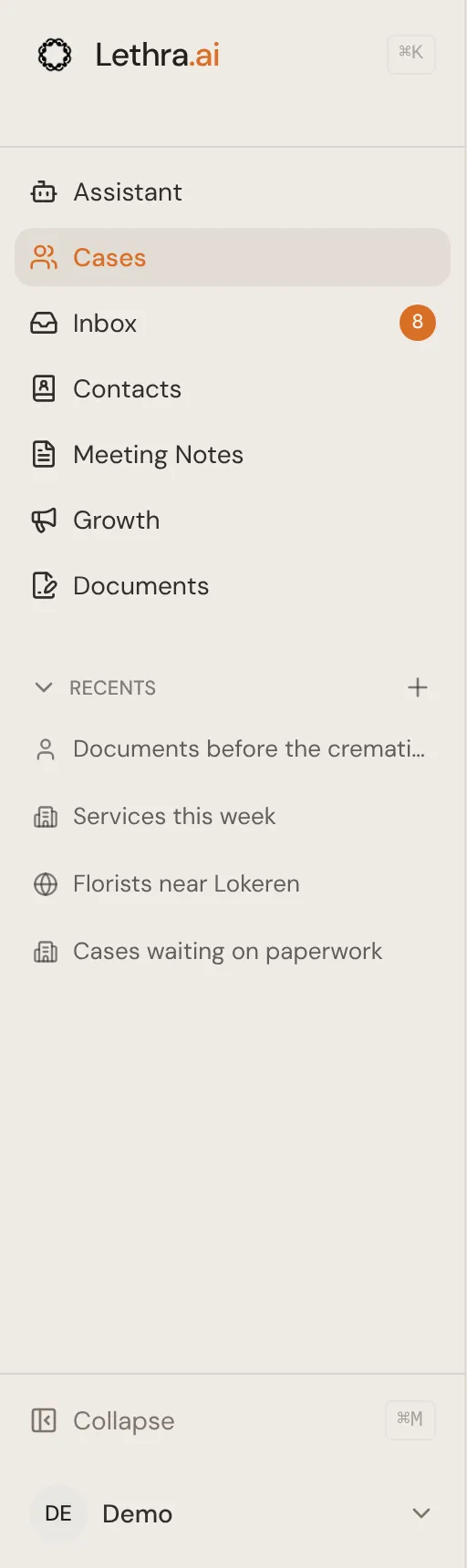 The Lethra sidebar, showing Assistant, Cases, Inbox, Contacts, Meeting Notes, Growth and Documents, with Cases selected.