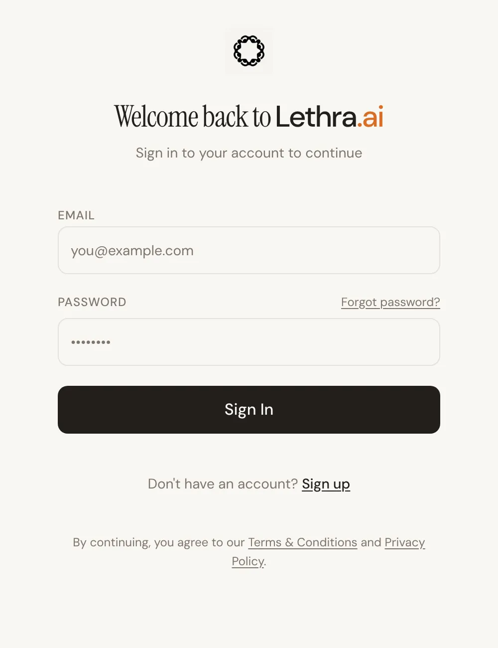 The Lethra staff sign-in screen, with email and password fields and a Sign In button.
