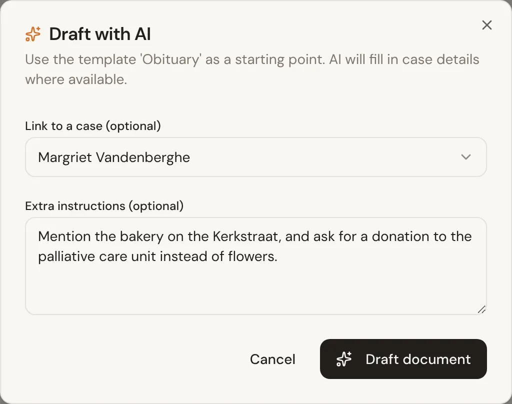 The Draft with AI window for the Obituary template, linked to Margriet Vandenberghe’s case, with extra instructions about the bakery and a donation instead of flowers.