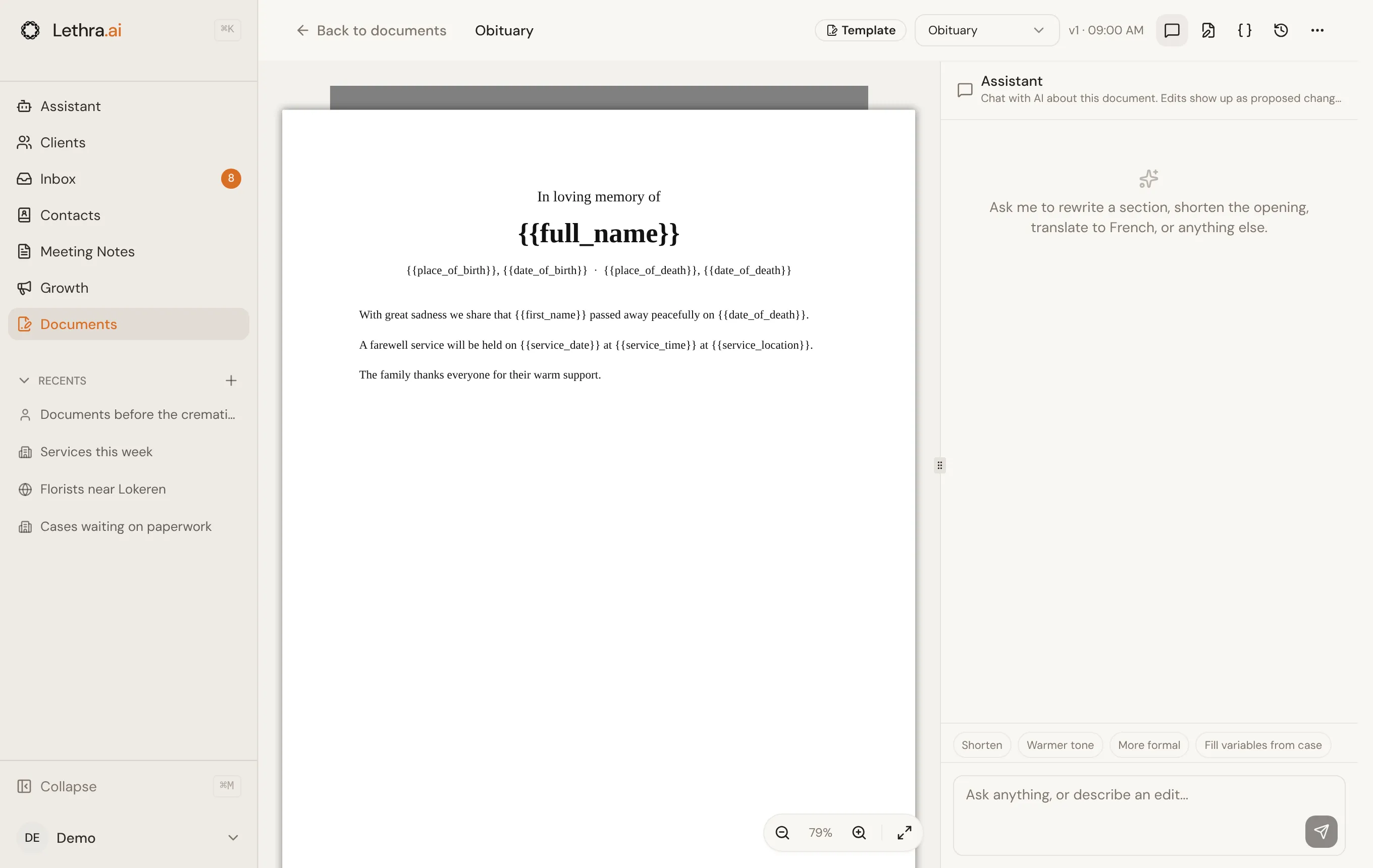 A template open in the editor, an obituary with variables such as full_name and date_of_death in double curly braces, and the AI assistant beside it.